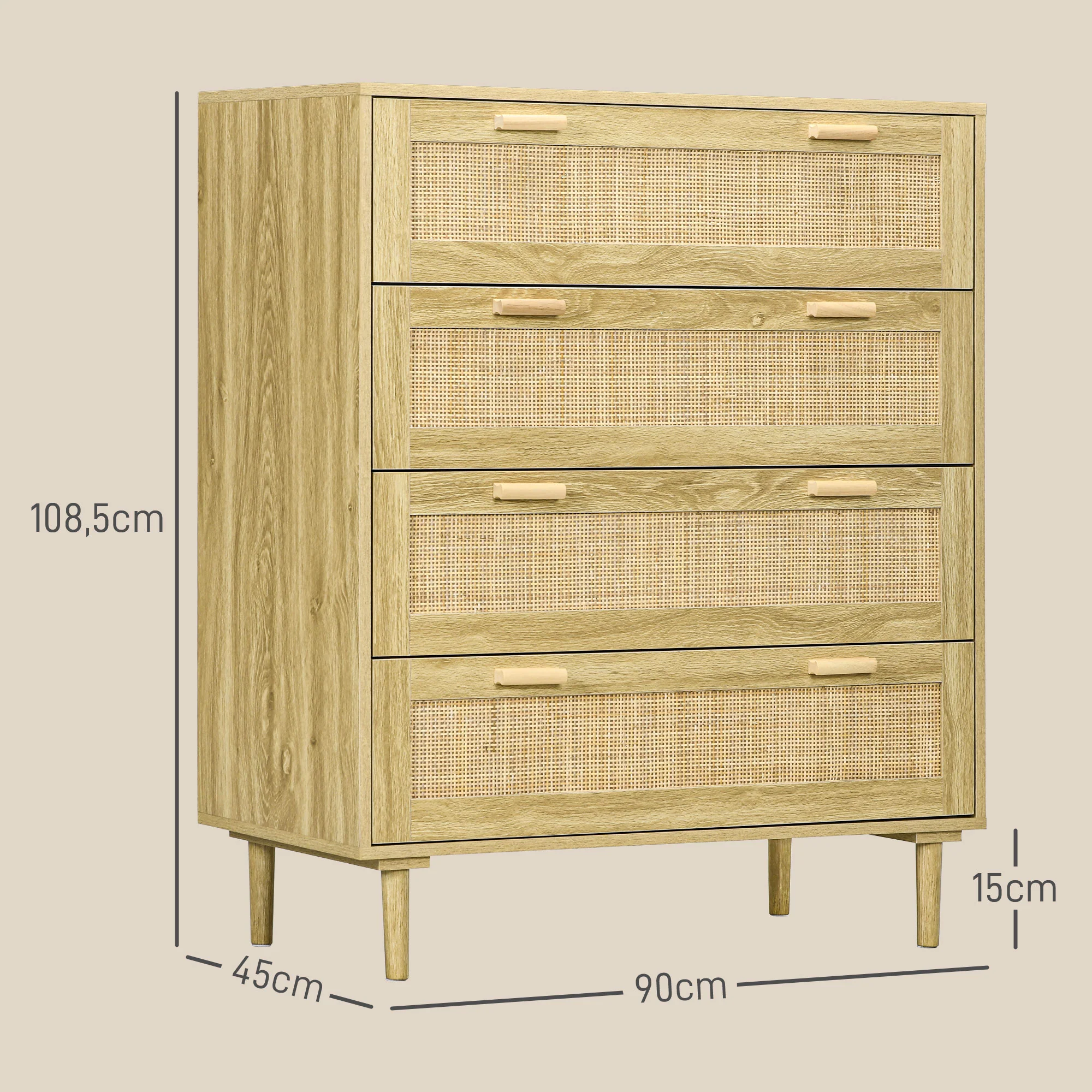 Commode chambre 4 tiroirs meuble de rangement avec fa?ade tissage en rotin style bohème dim. 90l x 45P x 108,5H cm Aspect Bois Clair - Image 4