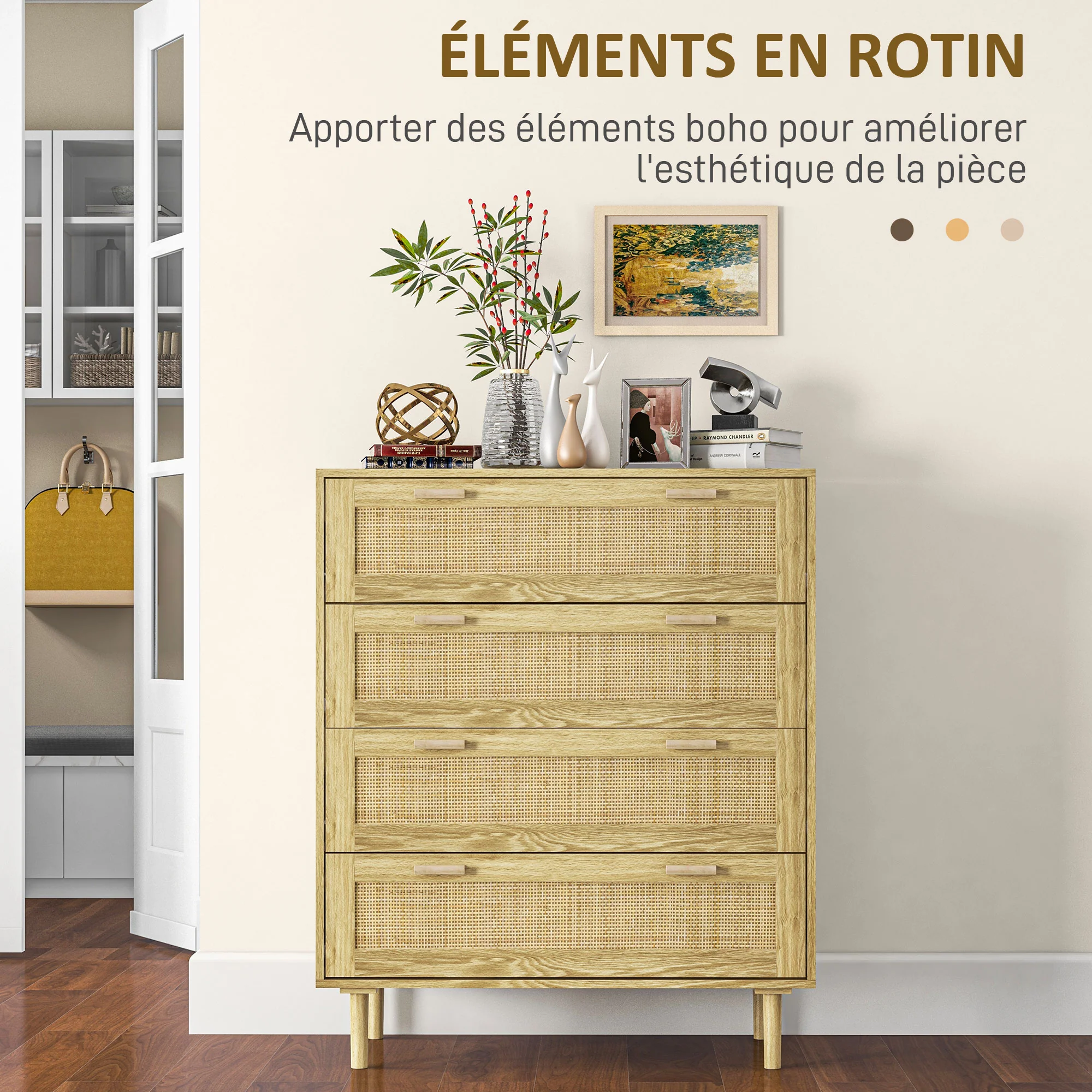 Commode chambre 4 tiroirs meuble de rangement avec fa?ade tissage en rotin style bohème dim. 90l x 45P x 108,5H cm Aspect Bois Clair - Image 5