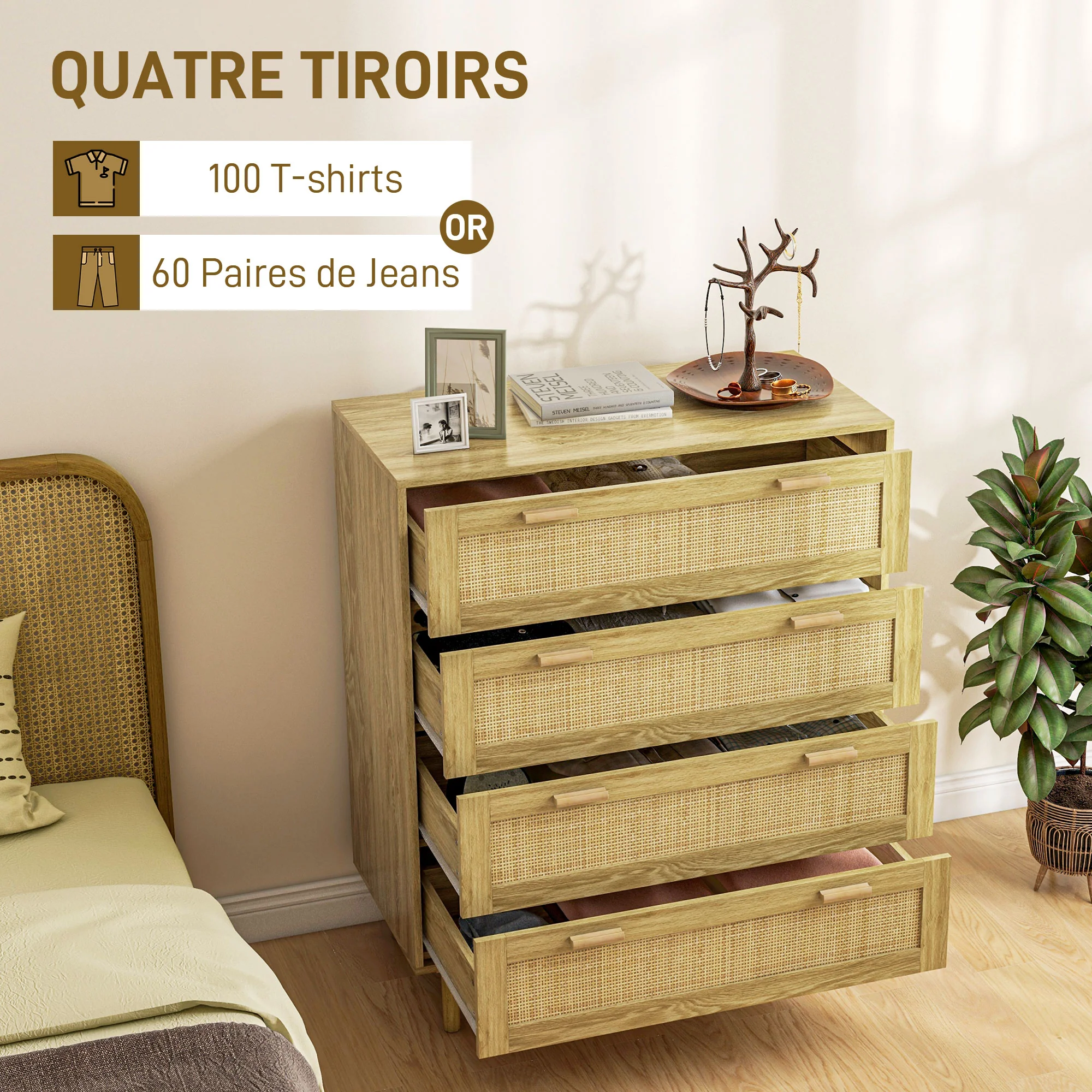 Commode chambre 4 tiroirs meuble de rangement avec fa?ade tissage en rotin style bohème dim. 90l x 45P x 108,5H cm Aspect Bois Clair - Image 6