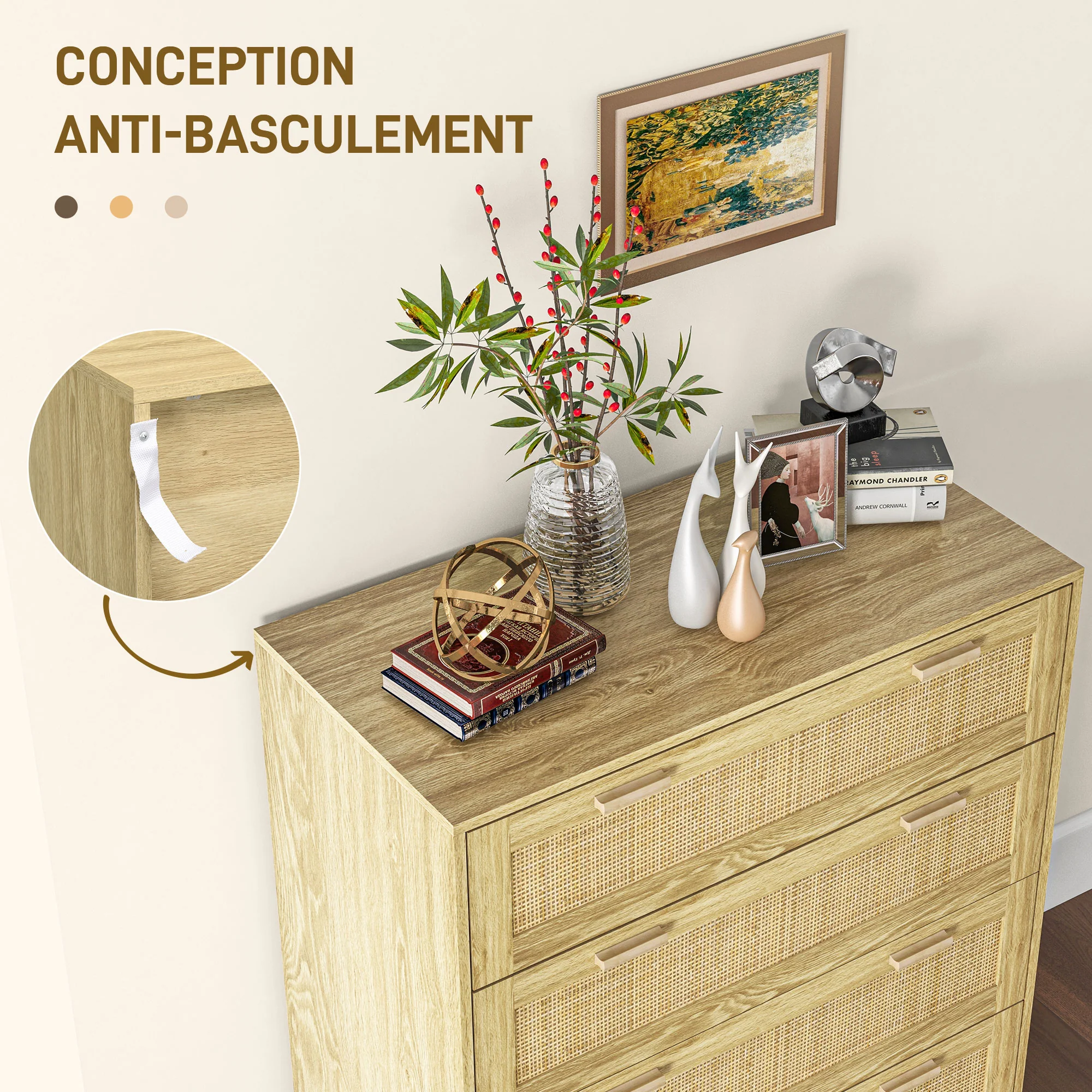 Commode chambre 4 tiroirs meuble de rangement avec fa?ade tissage en rotin style bohème dim. 90l x 45P x 108,5H cm Aspect Bois Clair - Image 7