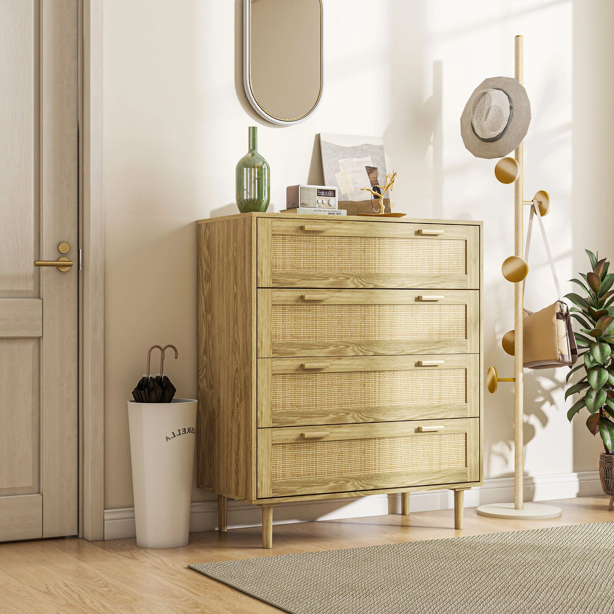 Commode chambre 4 tiroirs meuble de rangement avec fa?ade tissage en rotin style bohème dim. 90l x 45P x 108,5H cm Aspect Bois Clair - Image 8