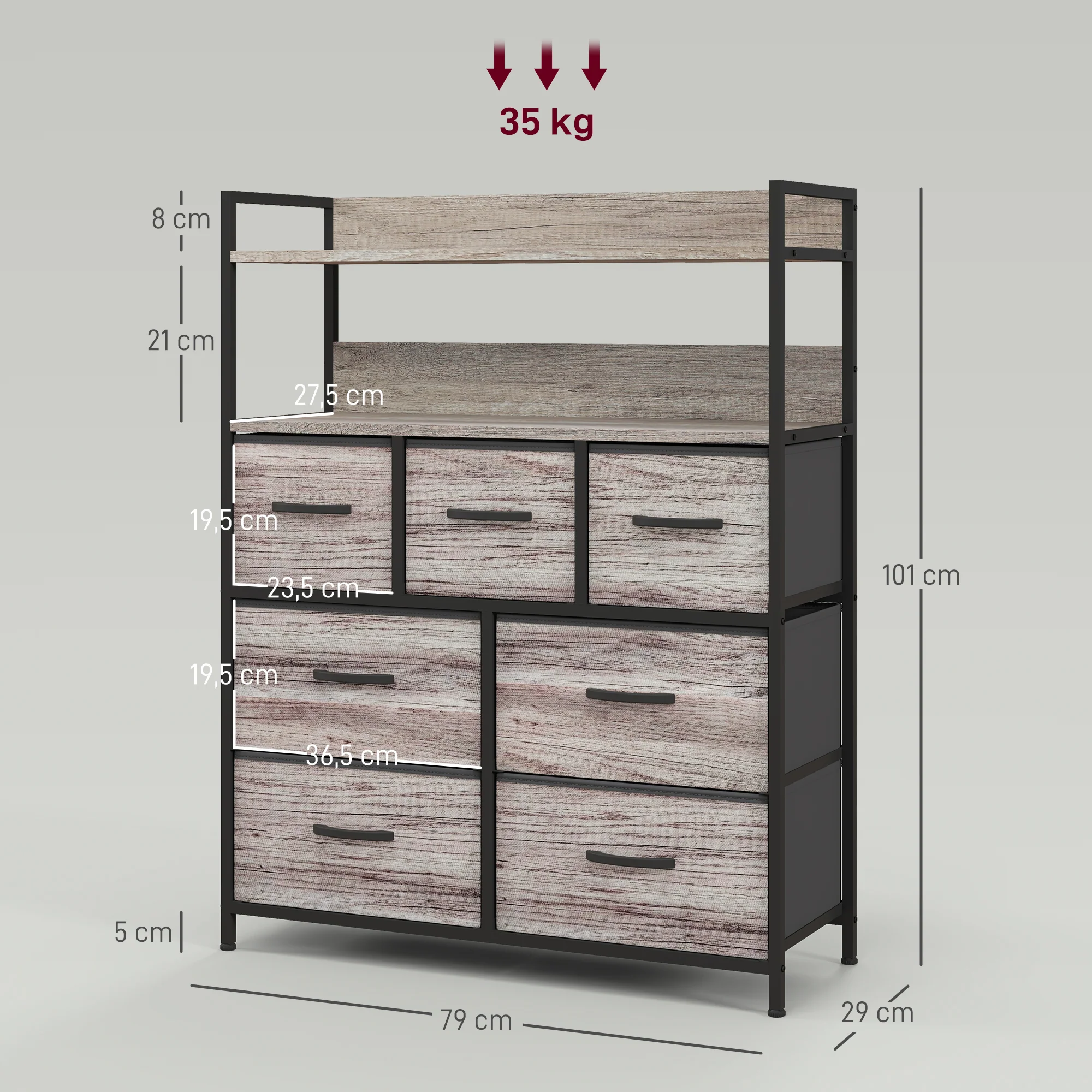 Commode chambre meuble de rangement commode 7 tiroirs en tissu pliables et amovibles avec étagères ouvertes et cadre en acier, chiffonnier pour salon, chambre, entrée, gris - Image 4