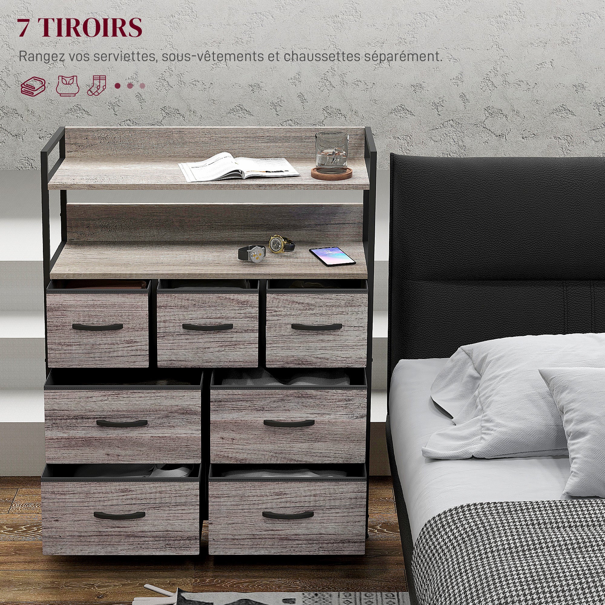 Commode chambre meuble de rangement commode 7 tiroirs en tissu pliables et amovibles avec étagères ouvertes et cadre en acier, chiffonnier pour salon, chambre, entrée, gris - Image 5
