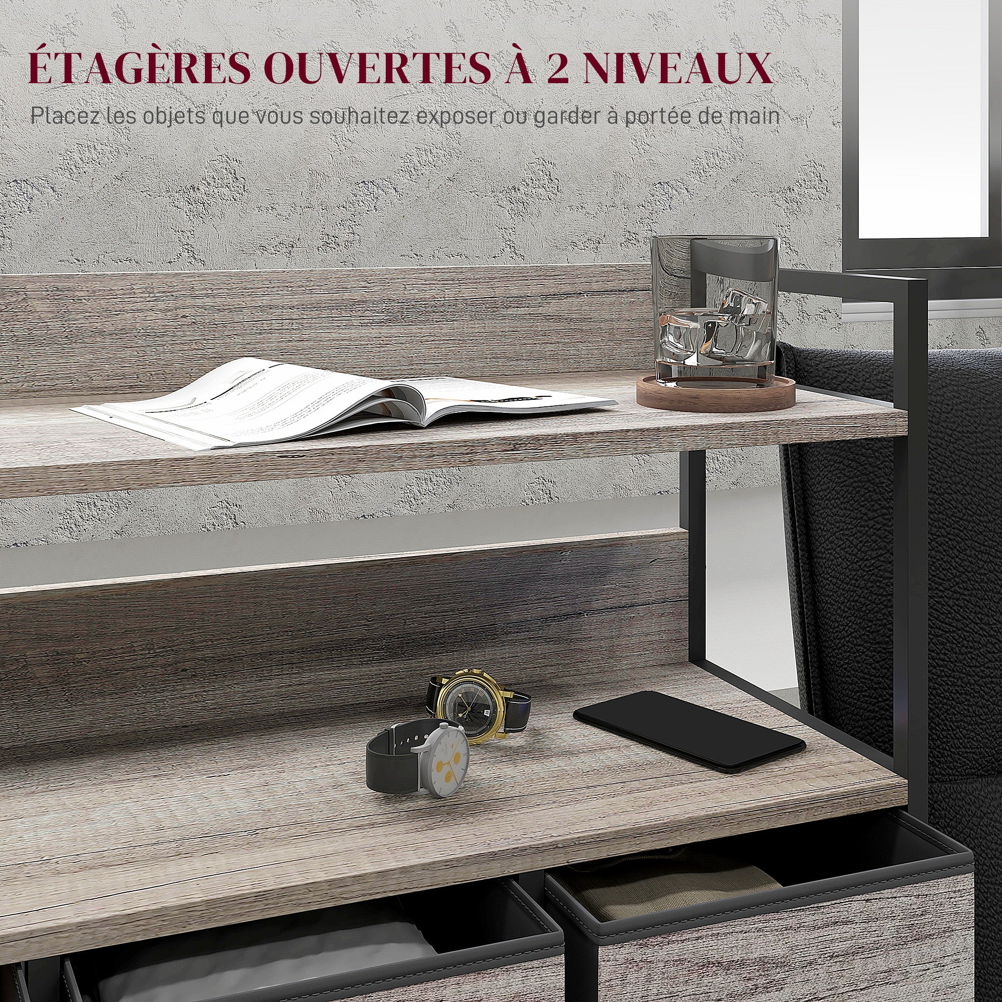 Commode chambre meuble de rangement commode 7 tiroirs en tissu pliables et amovibles avec étagères ouvertes et cadre en acier, chiffonnier pour salon, chambre, entrée, gris - Image 6