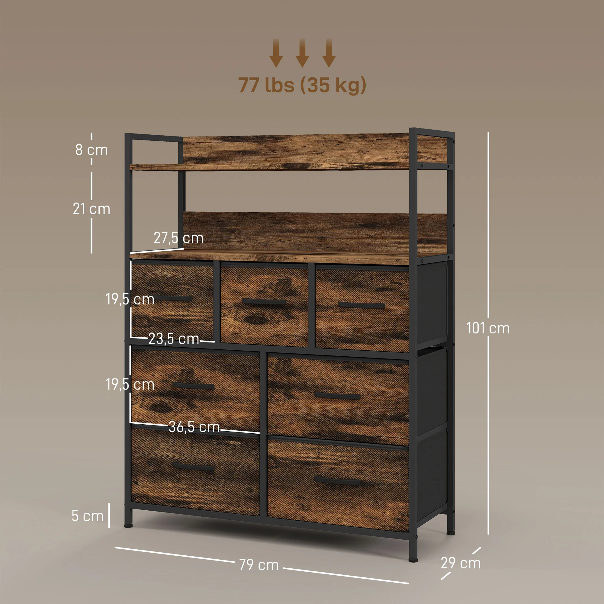 Commode chambre meuble de rangement commode 7 tiroirs en tissu pliables et amovibles avec étagères ouvertes et cadre en acier, chiffonnier pour salon, chambre, entrée, brun rustique - Image 4