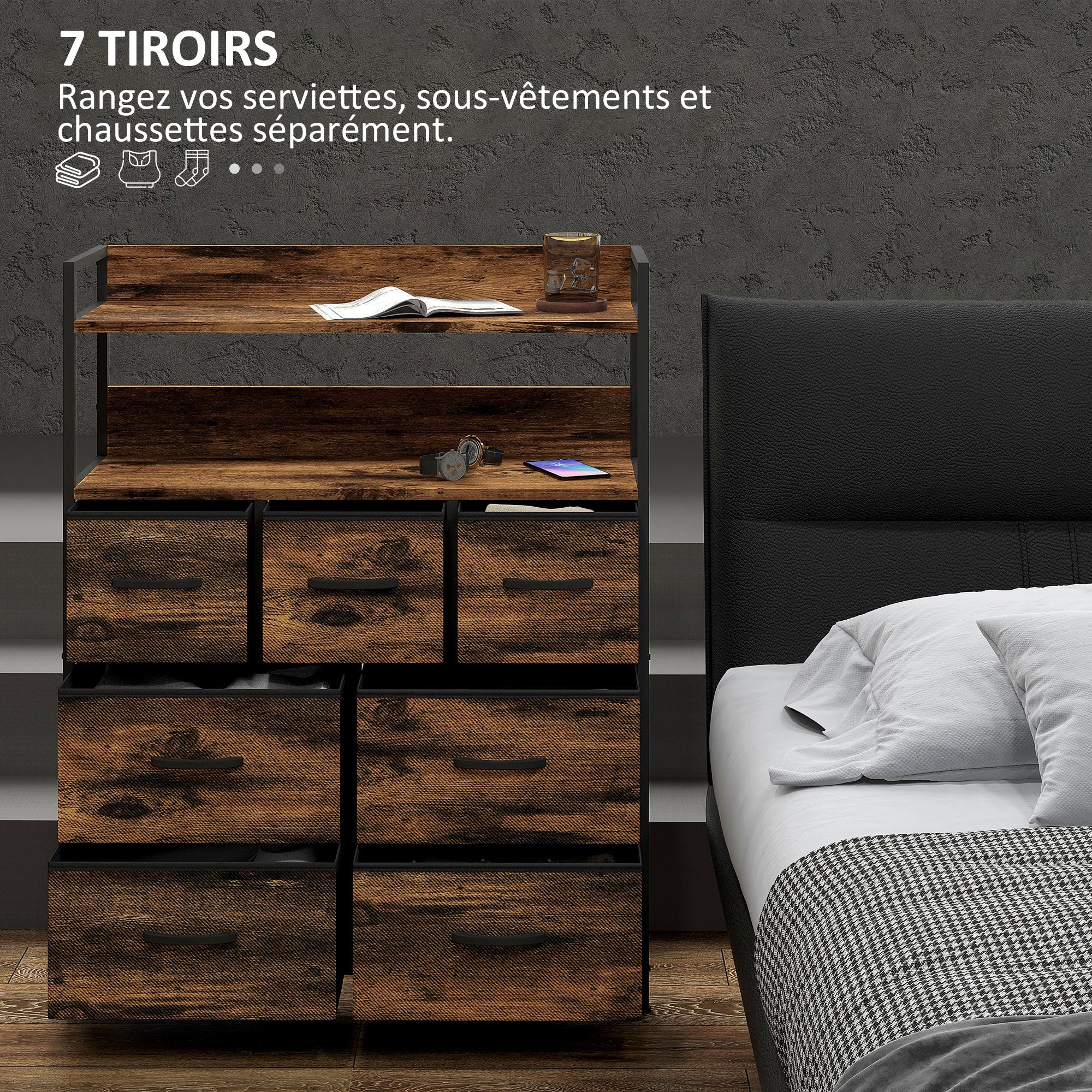 Commode chambre meuble de rangement commode 7 tiroirs en tissu pliables et amovibles avec étagères ouvertes et cadre en acier, chiffonnier pour salon, chambre, entrée, brun rustique - Image 5