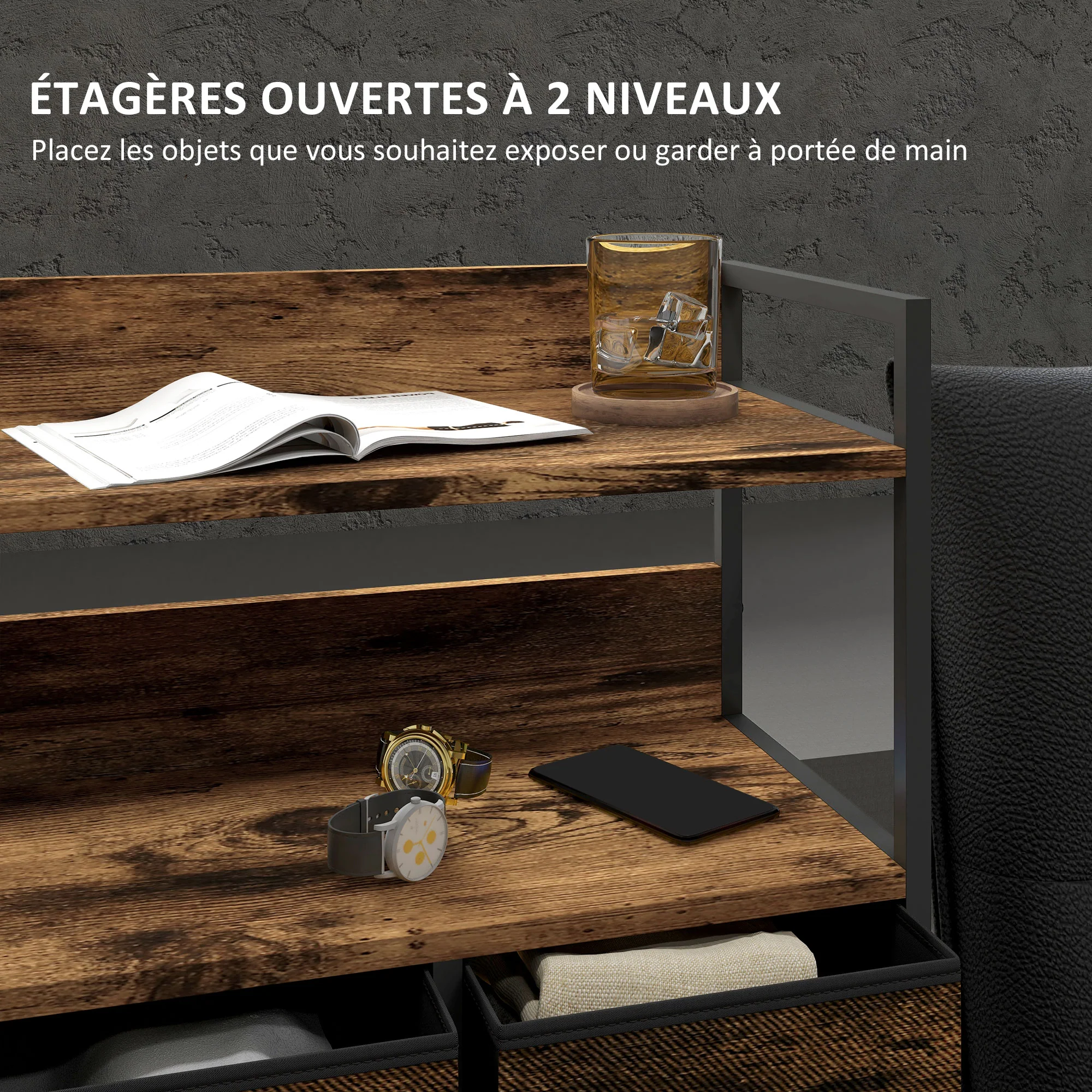 Commode chambre meuble de rangement commode 7 tiroirs en tissu pliables et amovibles avec étagères ouvertes et cadre en acier, chiffonnier pour salon, chambre, entrée, brun rustique - Image 6