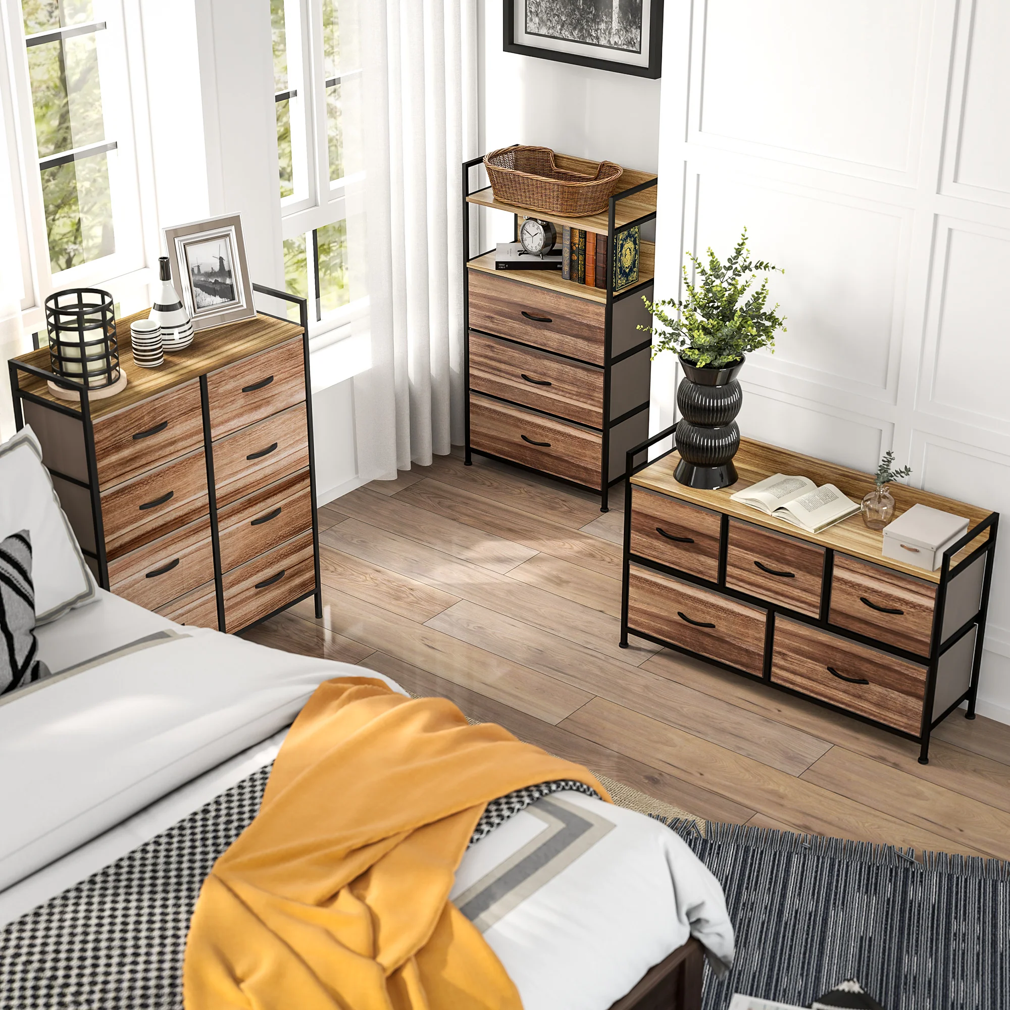 Commode Meuble de Rangement 5 tiroirs en Tissu 98 x 29 x 63 cm structure en acier noir - Image 10