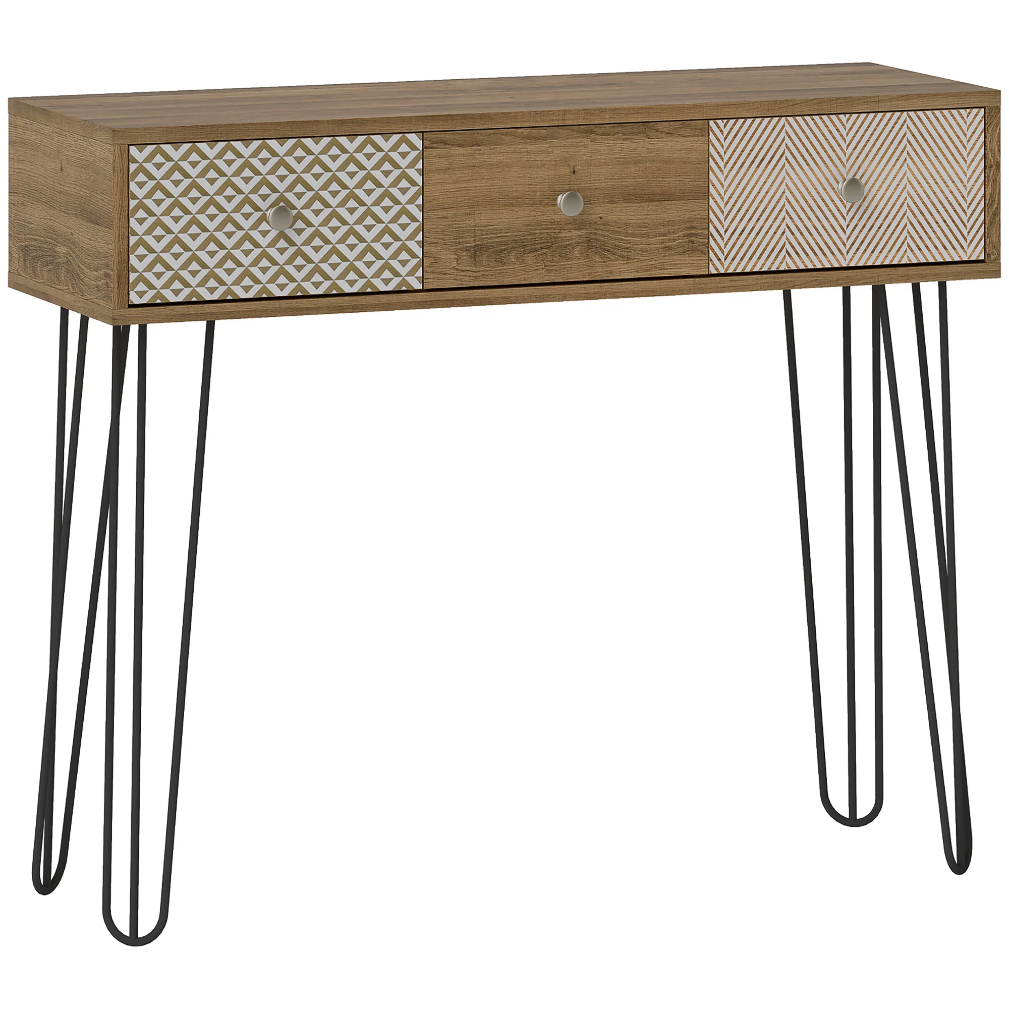 Console meuble, table console, console entrée style nordique, table d'entrée étroite avec 3 tiroirs et pieds en acier, bout de canapé, pour salon, entrée, couloir, marron - Image 2