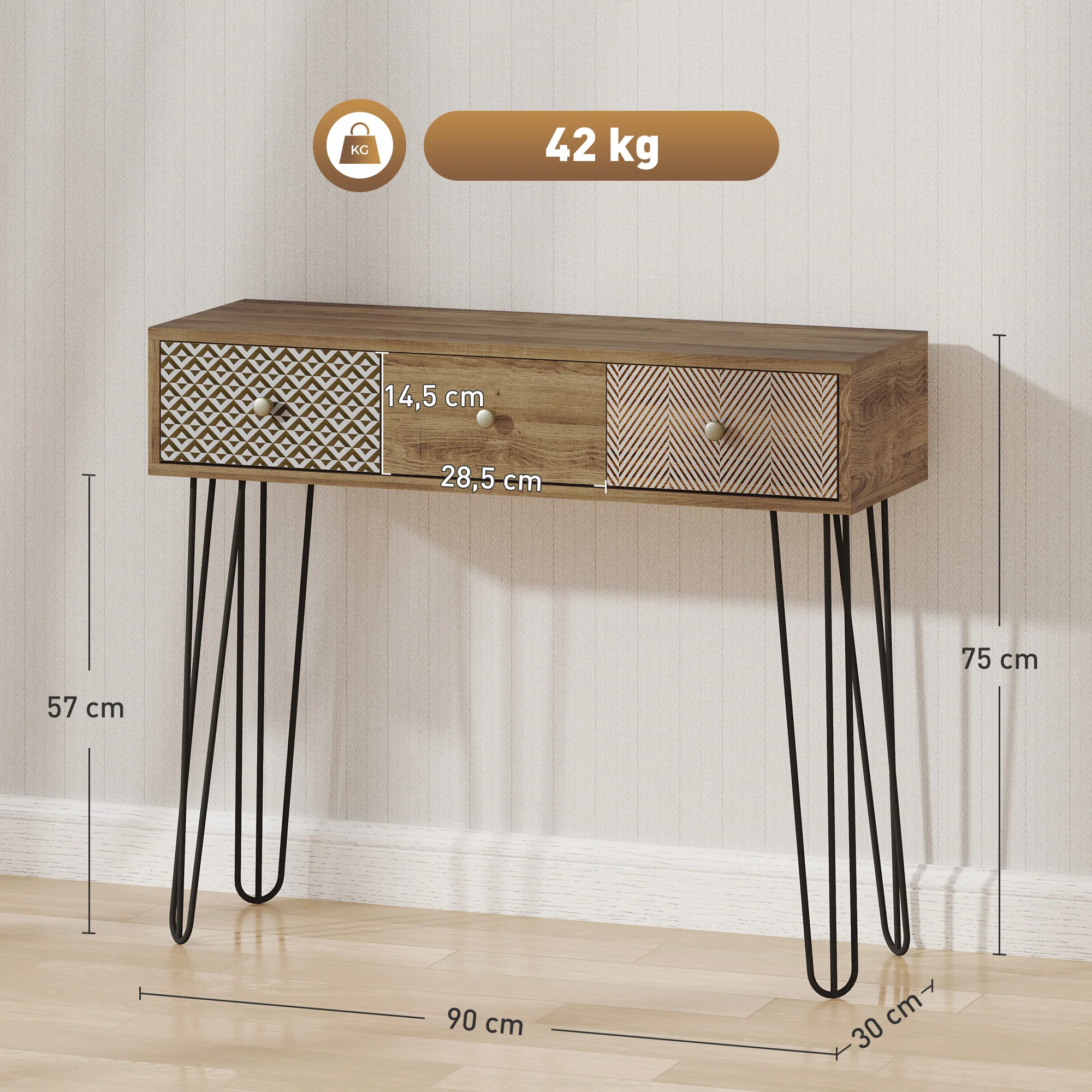 Console meuble, table console, console entrée style nordique, table d'entrée étroite avec 3 tiroirs et pieds en acier, bout de canapé, pour salon, entrée, couloir, marron - Image 4