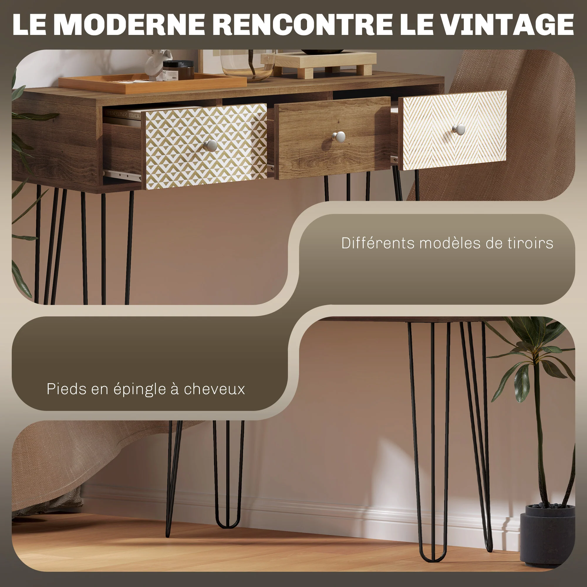 Console meuble, table console, console entrée style nordique, table d'entrée étroite avec 3 tiroirs et pieds en acier, bout de canapé, pour salon, entrée, couloir, marron - Image 7
