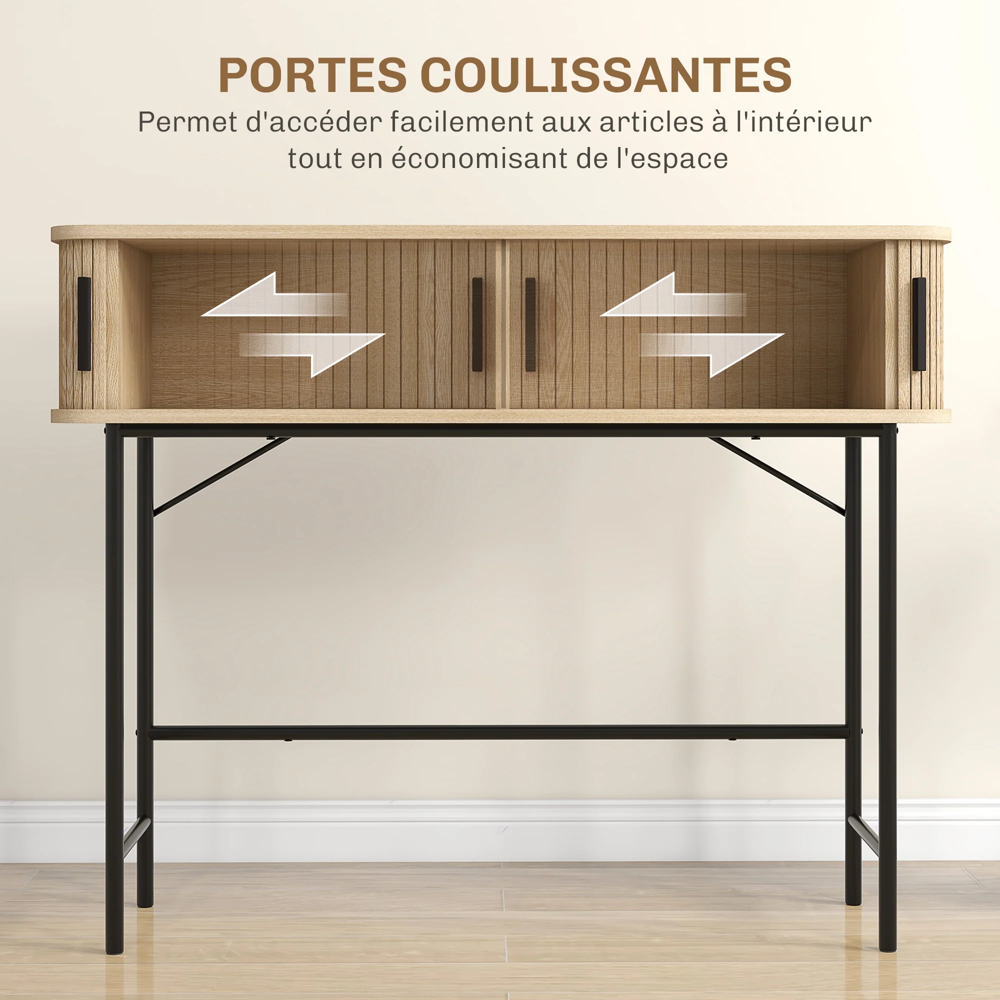 Console meuble, table console, console entrée, table d'entrée avec portes coulissantes à lattes et pieds en acier, bout de canapé pour salon, chêne et noir - Image 6