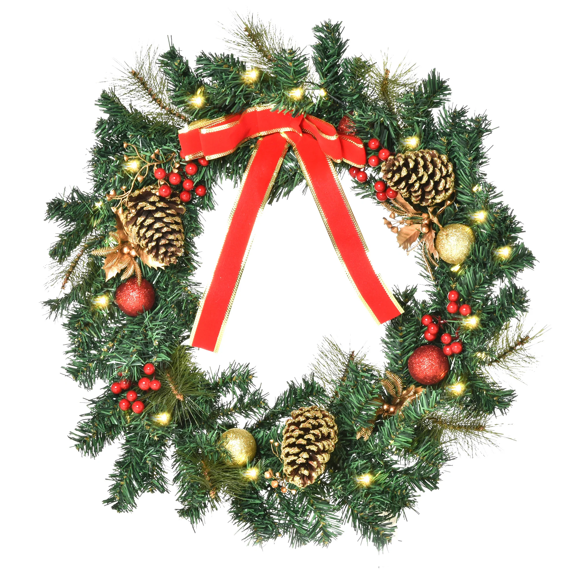 Couronne de No?l artificielle lumineuse avec 20 LED de 60 cm - décorée de houx et de pommes de pin
