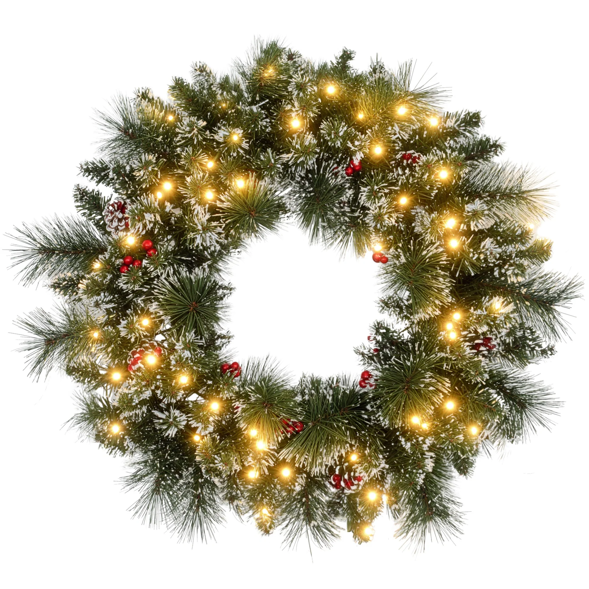 Couronne de No?l porte artificielle 60 CM décoration de No?l lumineuse avec pommes de pin et grappes de baies, lumières LED et minuterie, pour porte, fenêtre ou cheminée, vert - Image 11