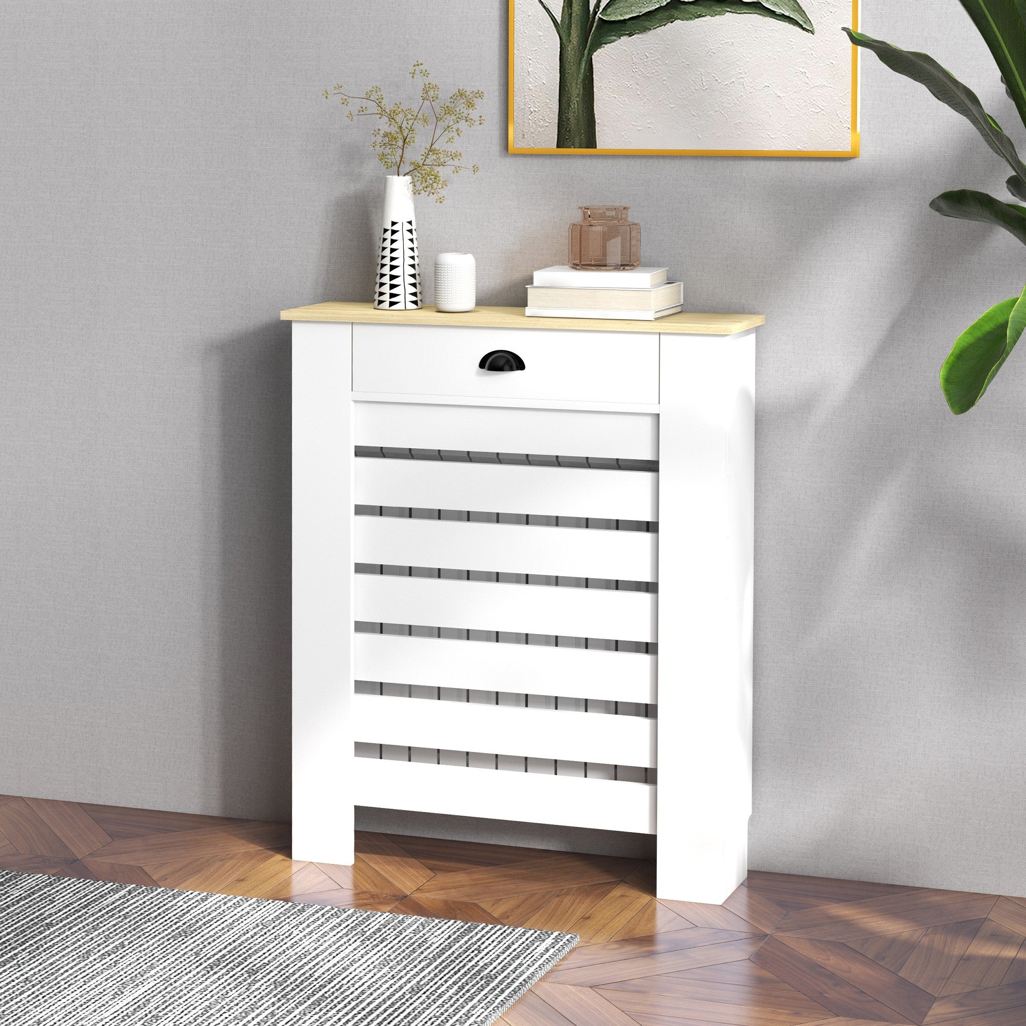 Couvercle de radiateur, cache radiateur, grille à lattes horizontales, avec tiroir, pour salon, chambre à coucher, couloir, en bois, 78 x 19 x 95,5 cm, blanc - Image 3