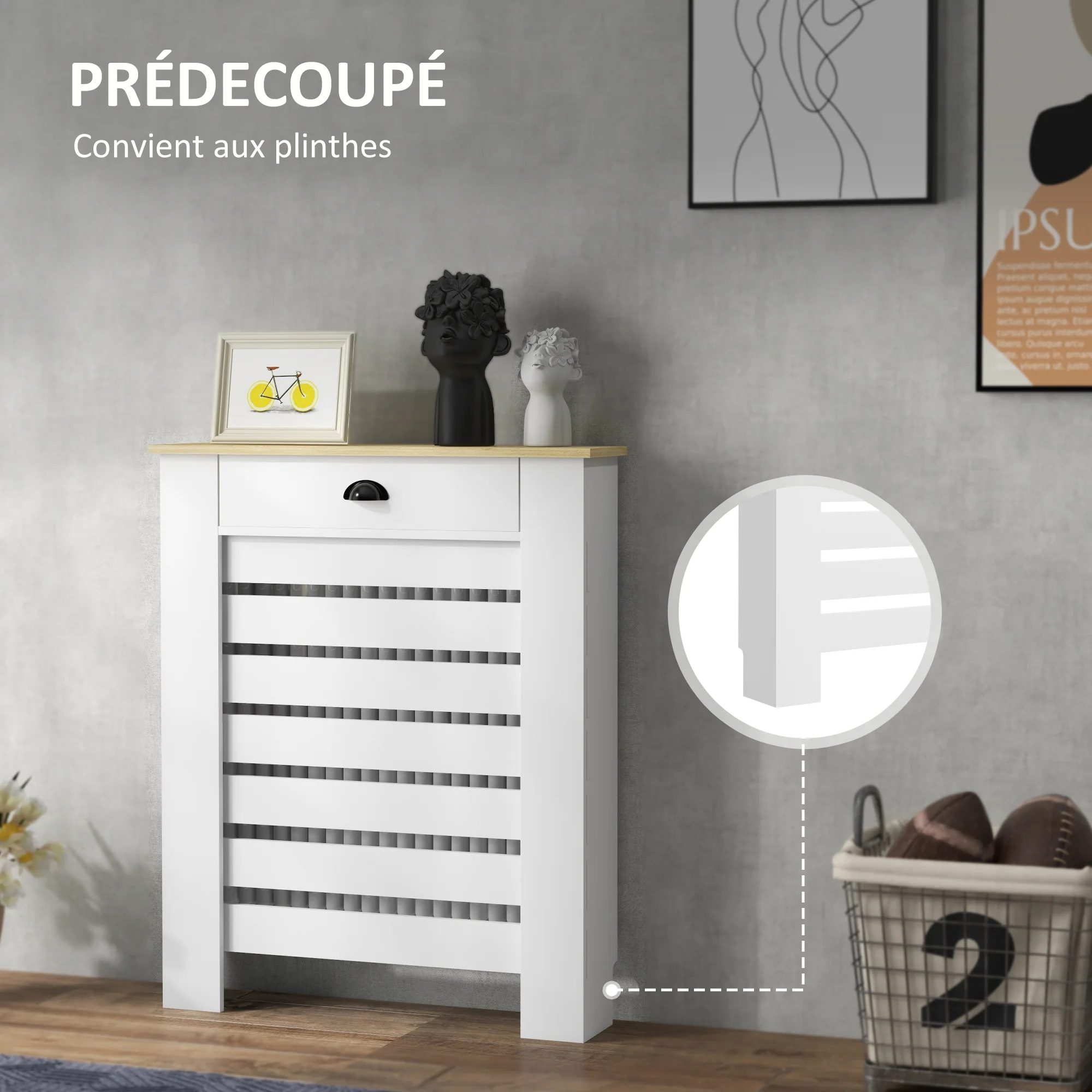 Couvercle de radiateur, cache radiateur, grille à lattes horizontales, avec tiroir, pour salon, chambre à coucher, couloir, en bois, 78 x 19 x 95,5 cm, blanc - Image 5