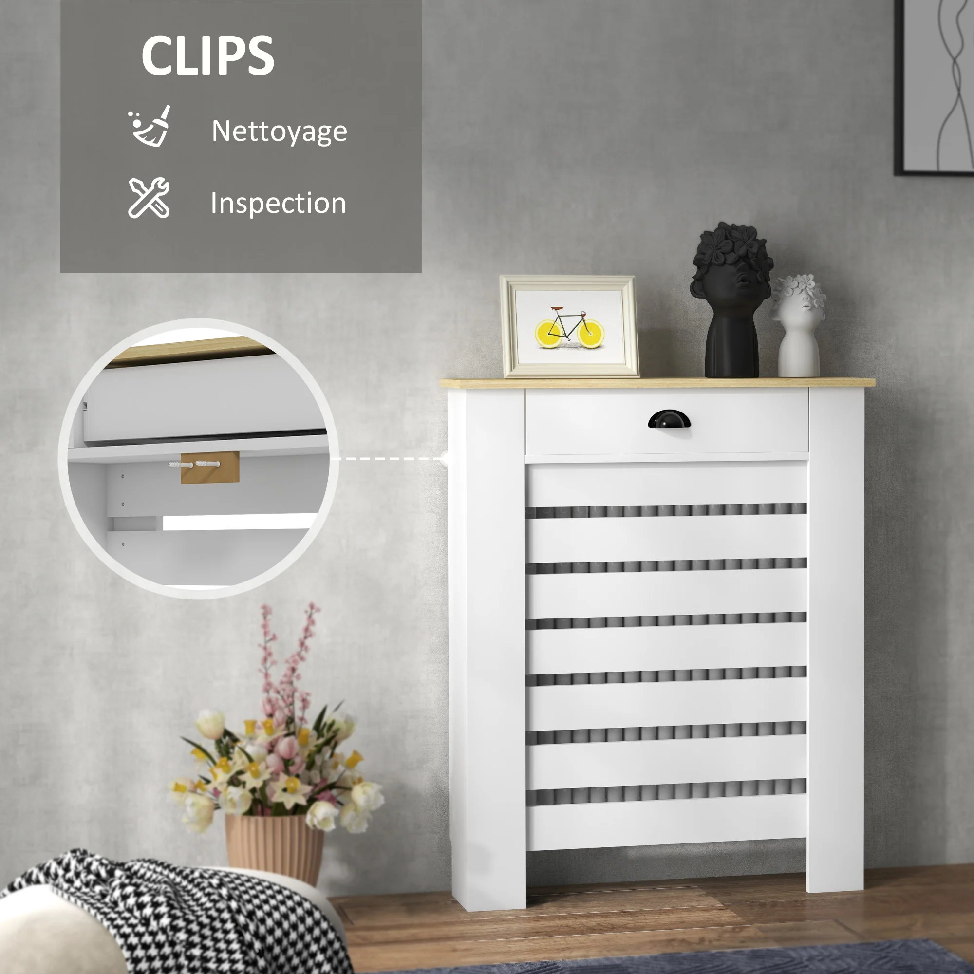 Couvercle de radiateur, cache radiateur, grille à lattes horizontales, avec tiroir, pour salon, chambre à coucher, couloir, en bois, 78 x 19 x 95,5 cm, blanc - Image 6