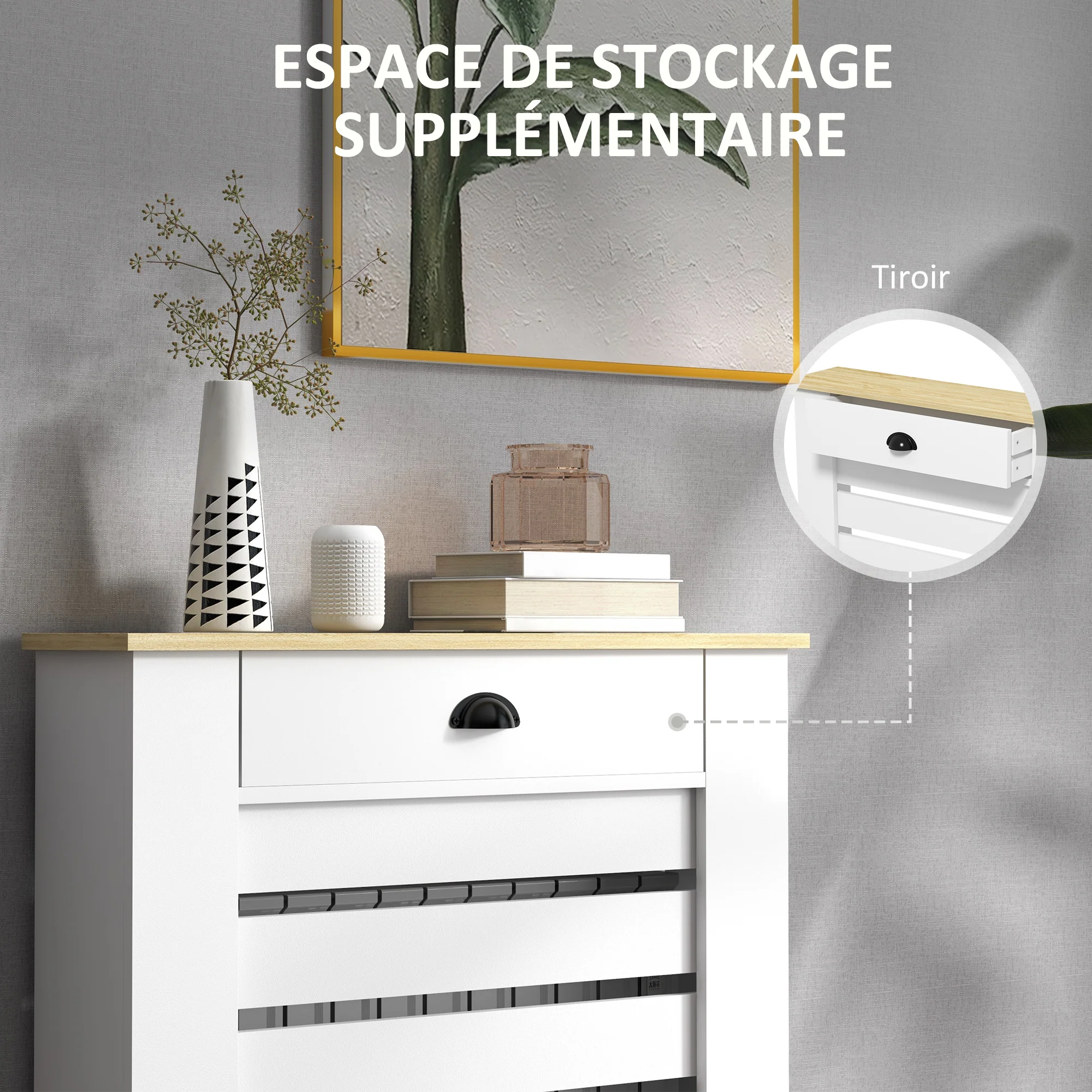 Couvercle de radiateur, cache radiateur, grille à lattes horizontales, avec tiroir, pour salon, chambre à coucher, couloir, en bois, 78 x 19 x 95,5 cm, blanc - Image 7
