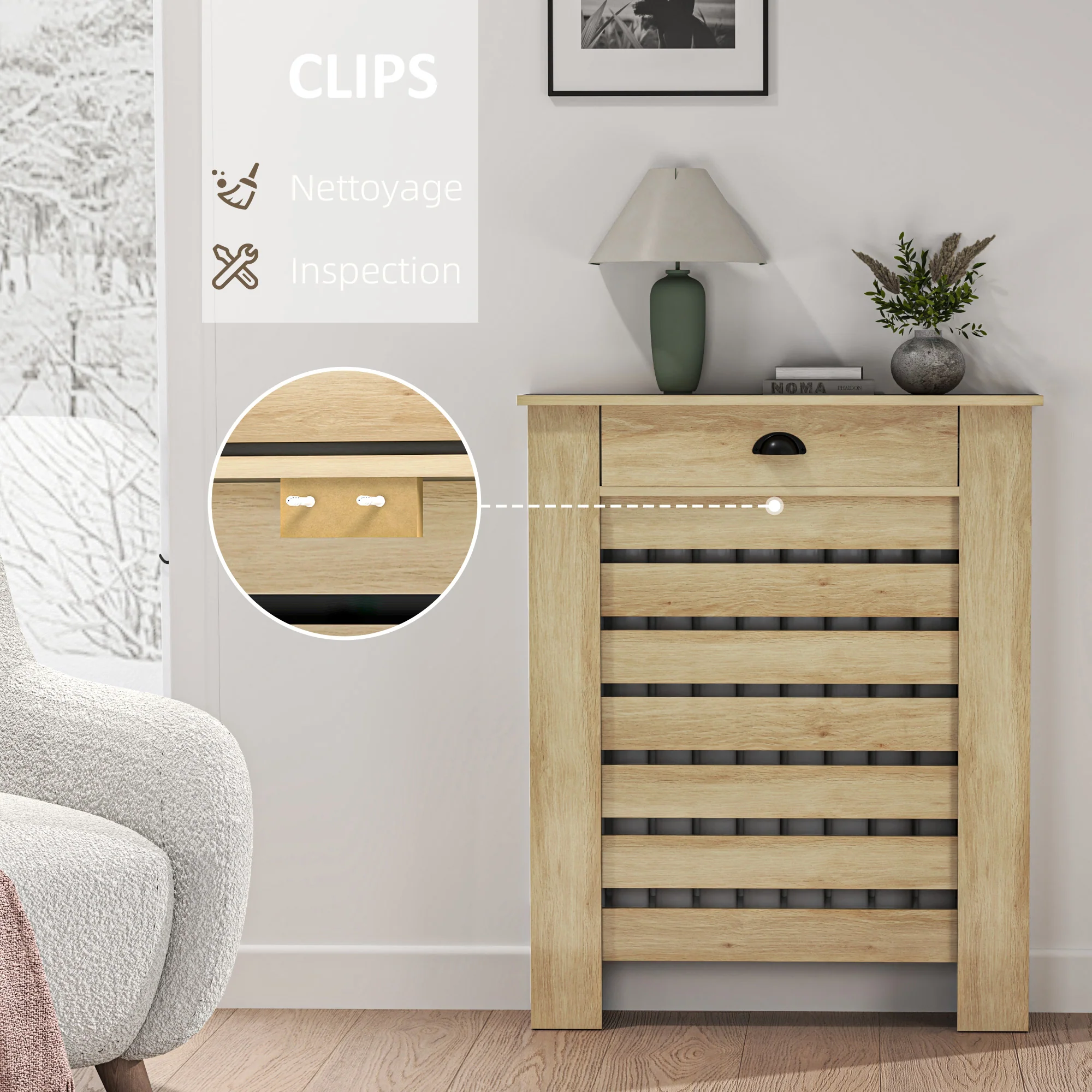 Couvercle de radiateur, cache radiateur, grille à lattes horizontales, avec tiroir, pour salon, chambre à coucher, couloir, en bois, 78 x 19 x 95,5 cm, chêne - Image 6