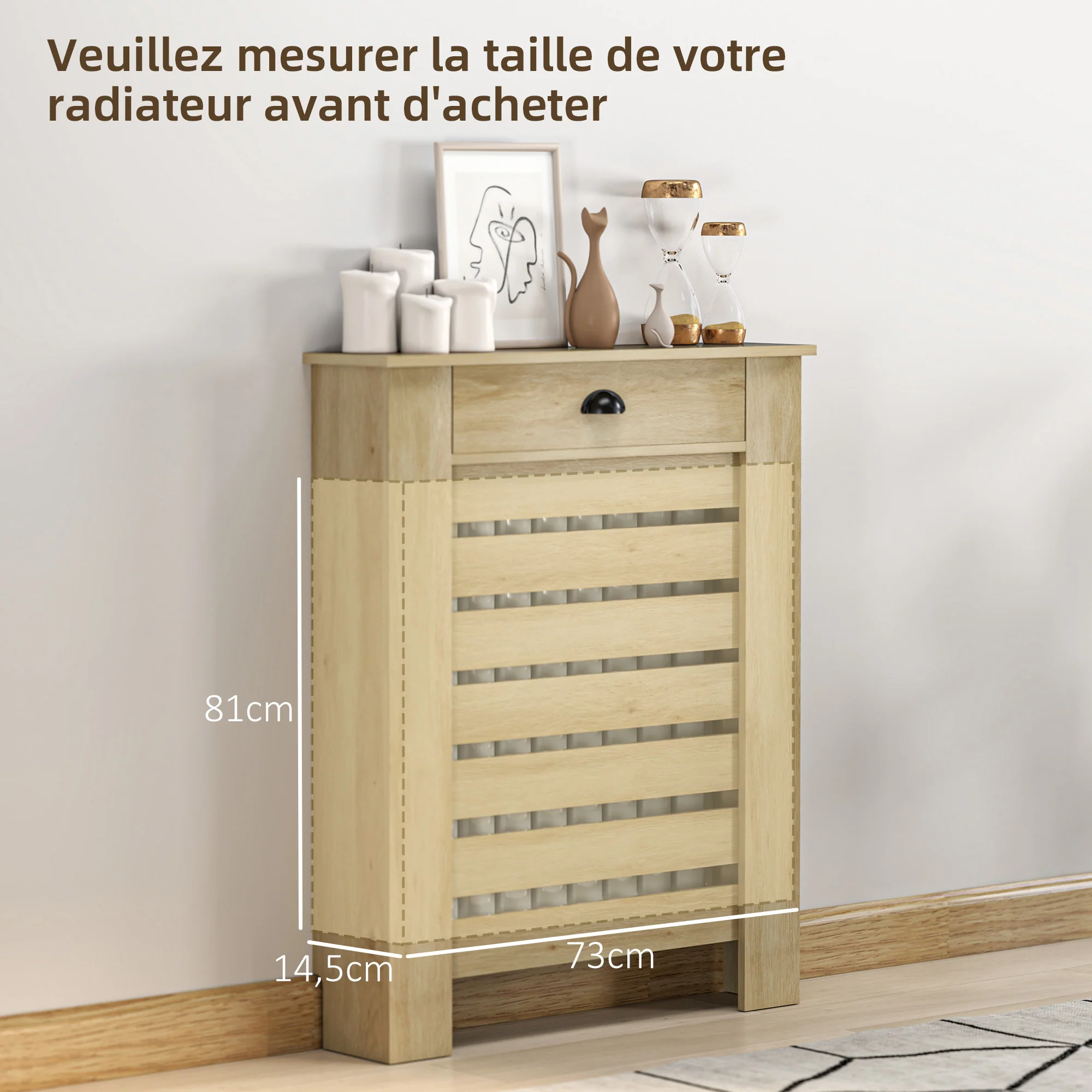 Couvercle de radiateur, cache radiateur, grille à lattes horizontales, avec tiroir, pour salon, chambre à coucher, couloir, en bois, 78 x 19 x 95,5 cm, chêne - Image 8