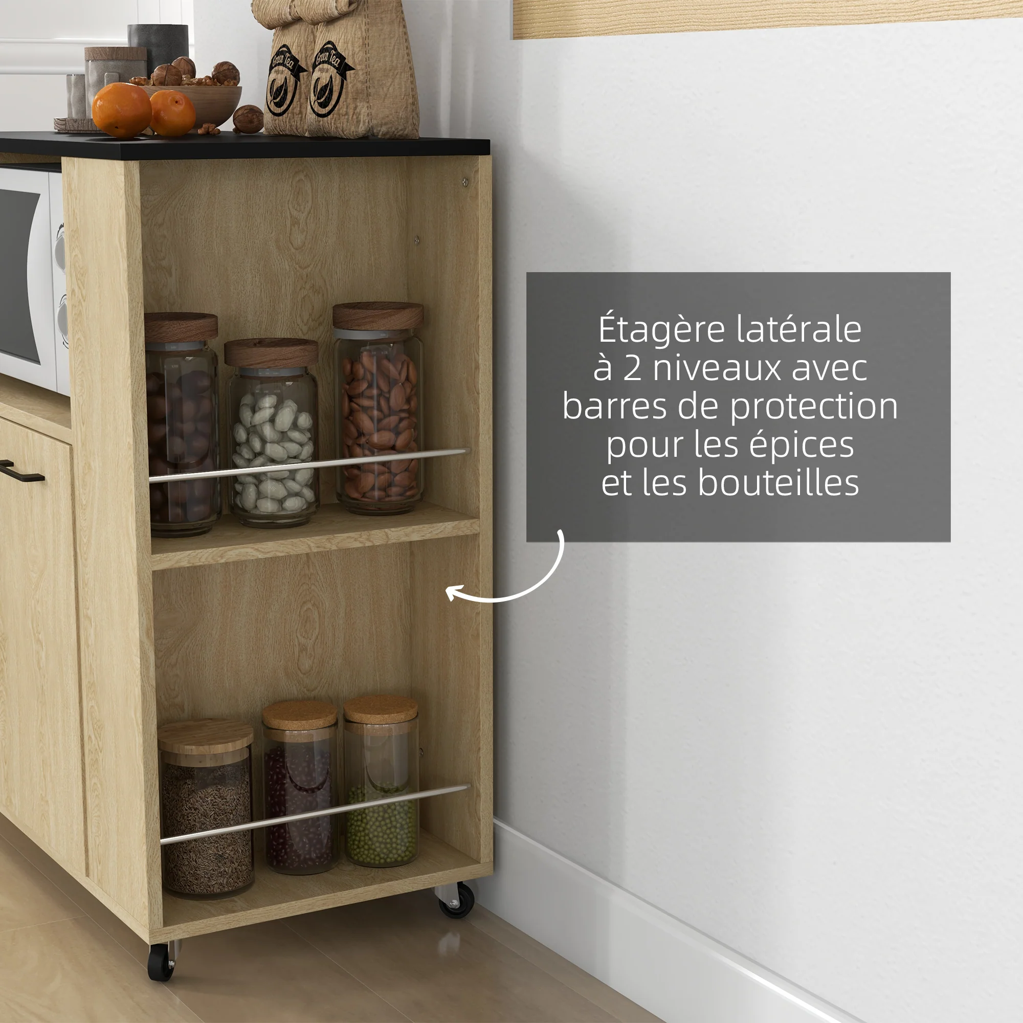 Desserte de cuisine à roulettes chariot de service étagère réglable multi-rangements meuble de rangement pour cuisine et salon 75 x 40 x 80,5 cm naturel noir - Image 6