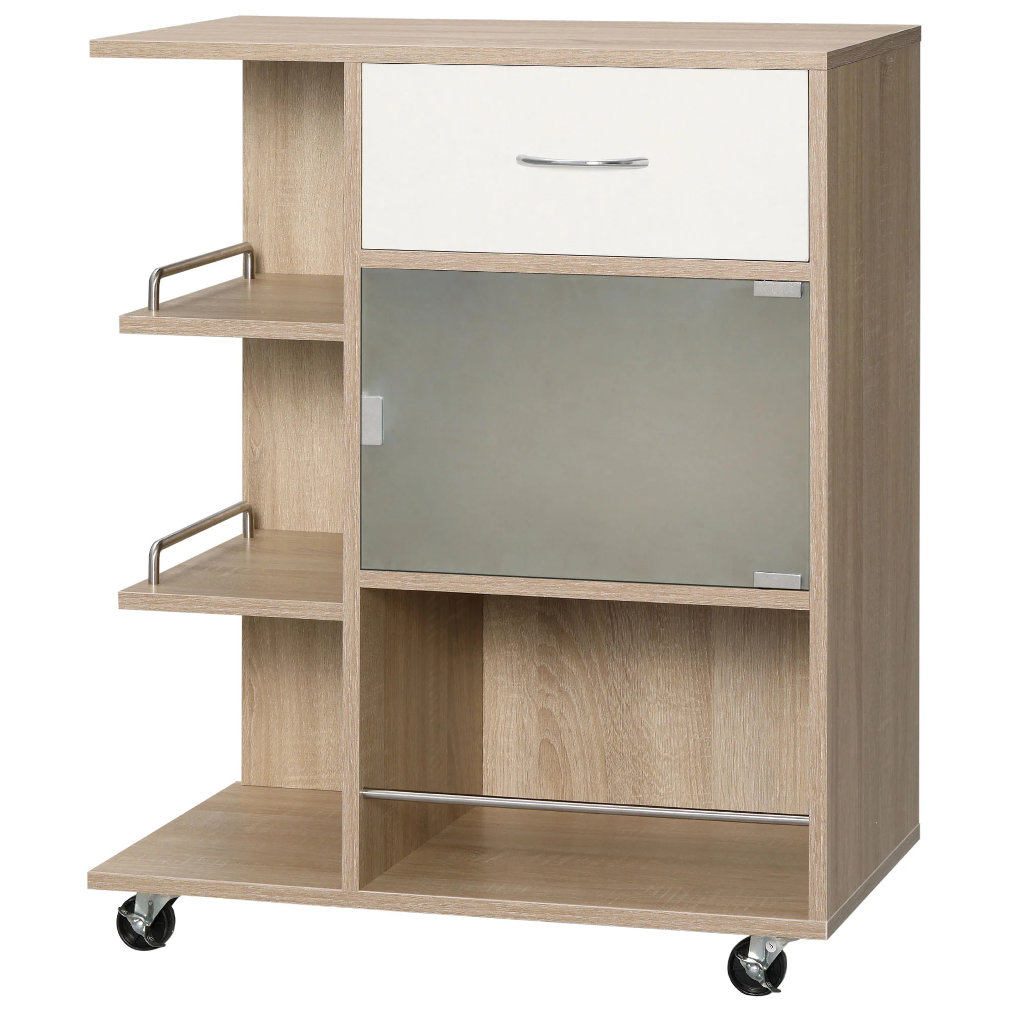 Desserte de cuisine, chariot de service, roues pivotantes 360°, étagères avec barrières, ?lot central cuisine, avec tiroir, étagères, placard, 65 x 39 x 80 cm, naturel