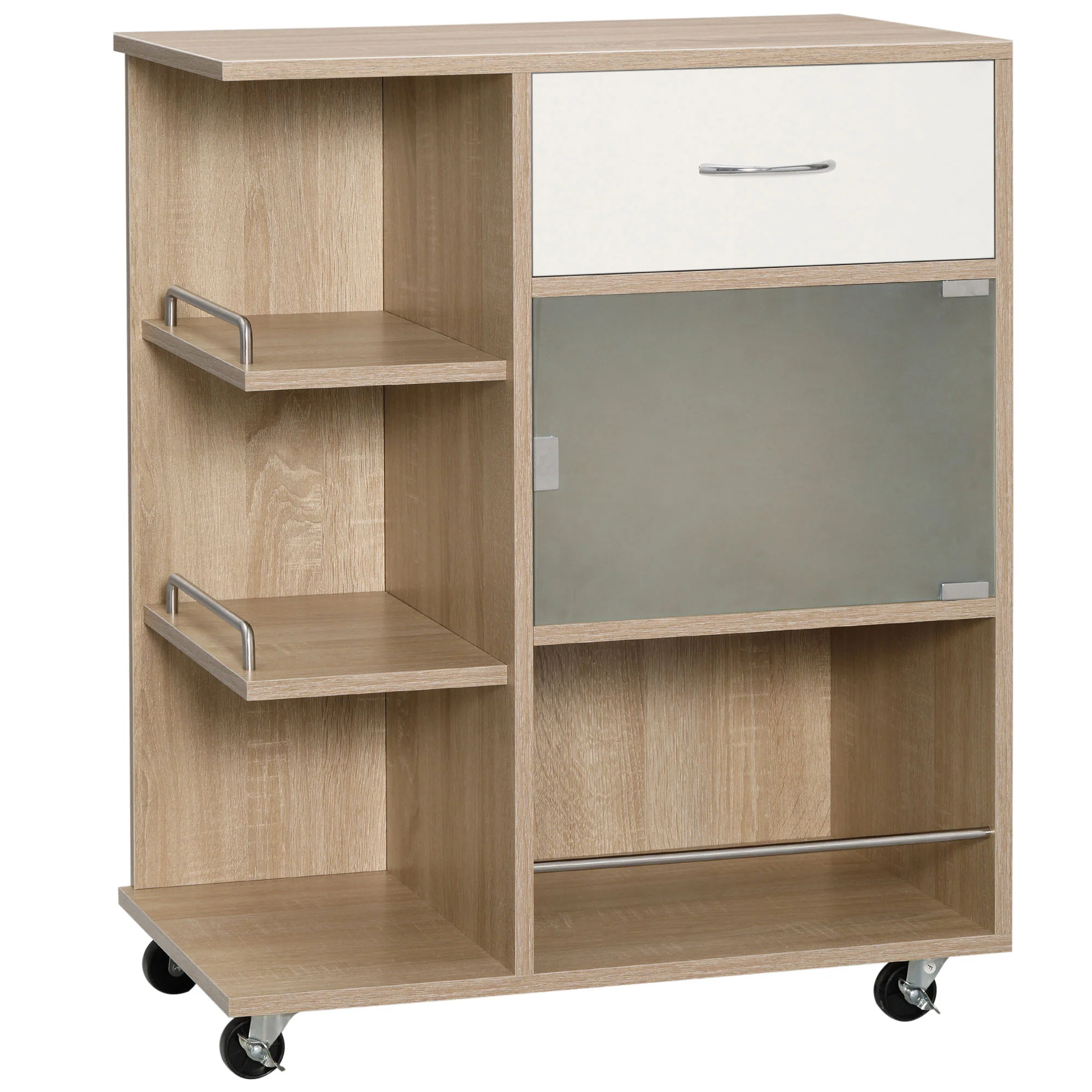 Desserte de cuisine, chariot de service, roues pivotantes 360°, étagères avec barrières, ?lot central cuisine, avec tiroir, étagères, placard, 65 x 39 x 80 cm, naturel - Image 2