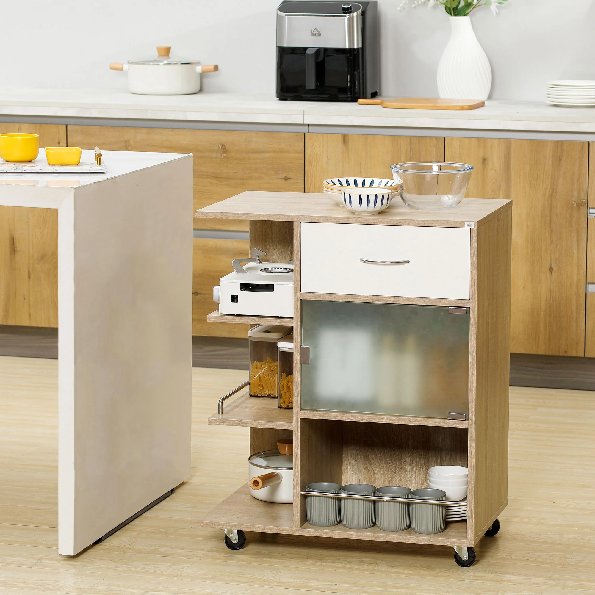 Desserte de cuisine, chariot de service, roues pivotantes 360°, étagères avec barrières, ?lot central cuisine, avec tiroir, étagères, placard, 65 x 39 x 80 cm, naturel - Image 3