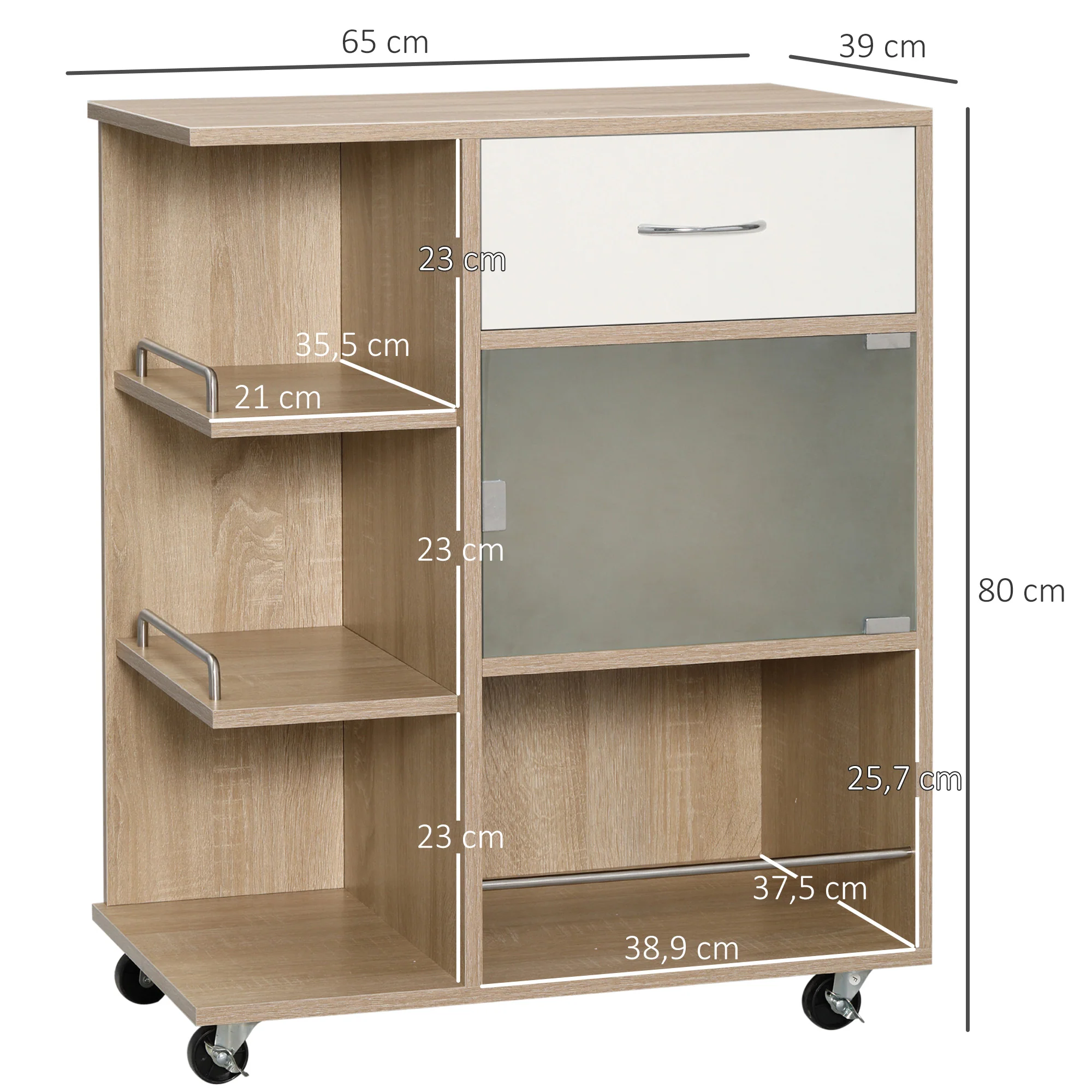 Desserte de cuisine, chariot de service, roues pivotantes 360°, étagères avec barrières, ?lot central cuisine, avec tiroir, étagères, placard, 65 x 39 x 80 cm, naturel - Image 4