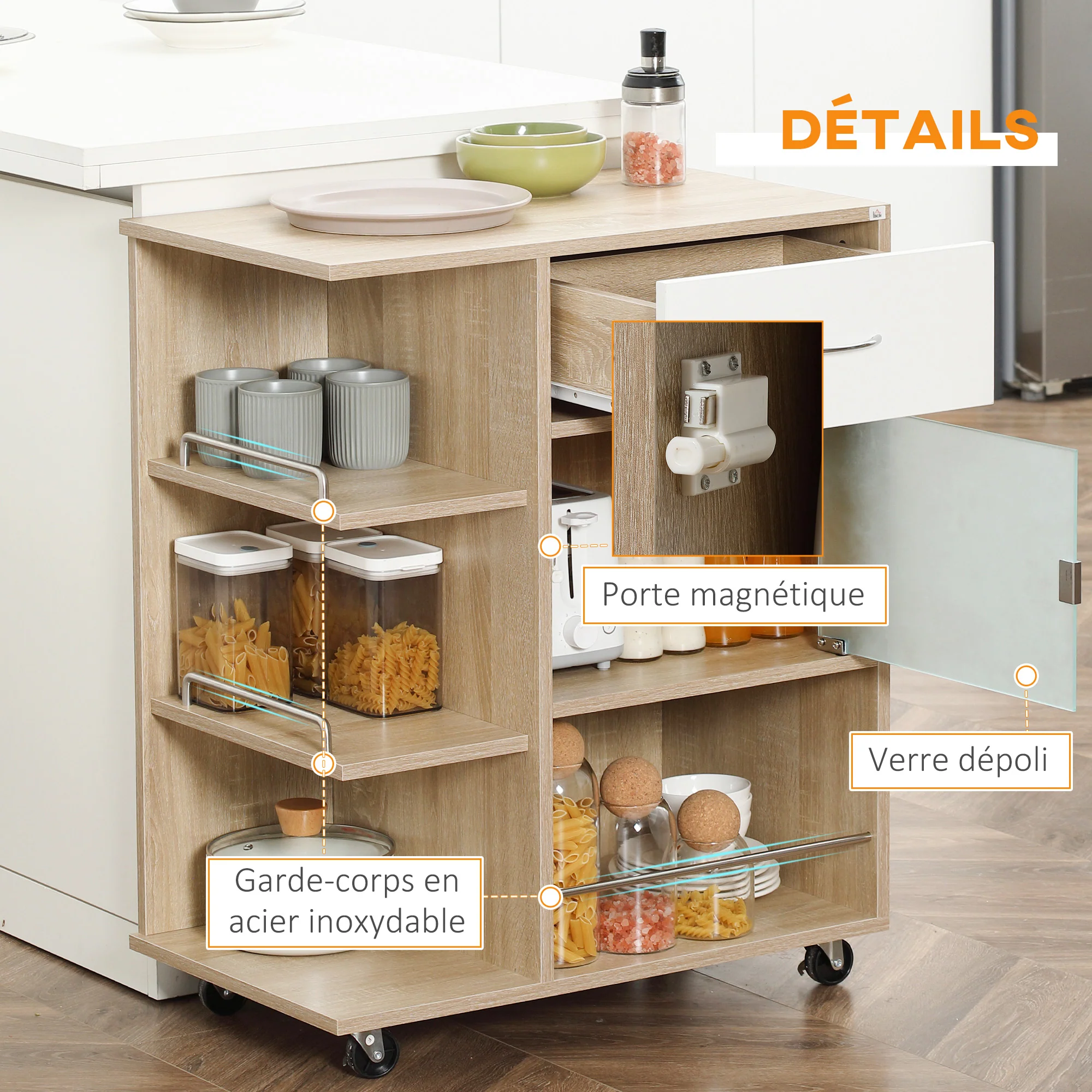 Desserte de cuisine, chariot de service, roues pivotantes 360°, étagères avec barrières, ?lot central cuisine, avec tiroir, étagères, placard, 65 x 39 x 80 cm, naturel - Image 7