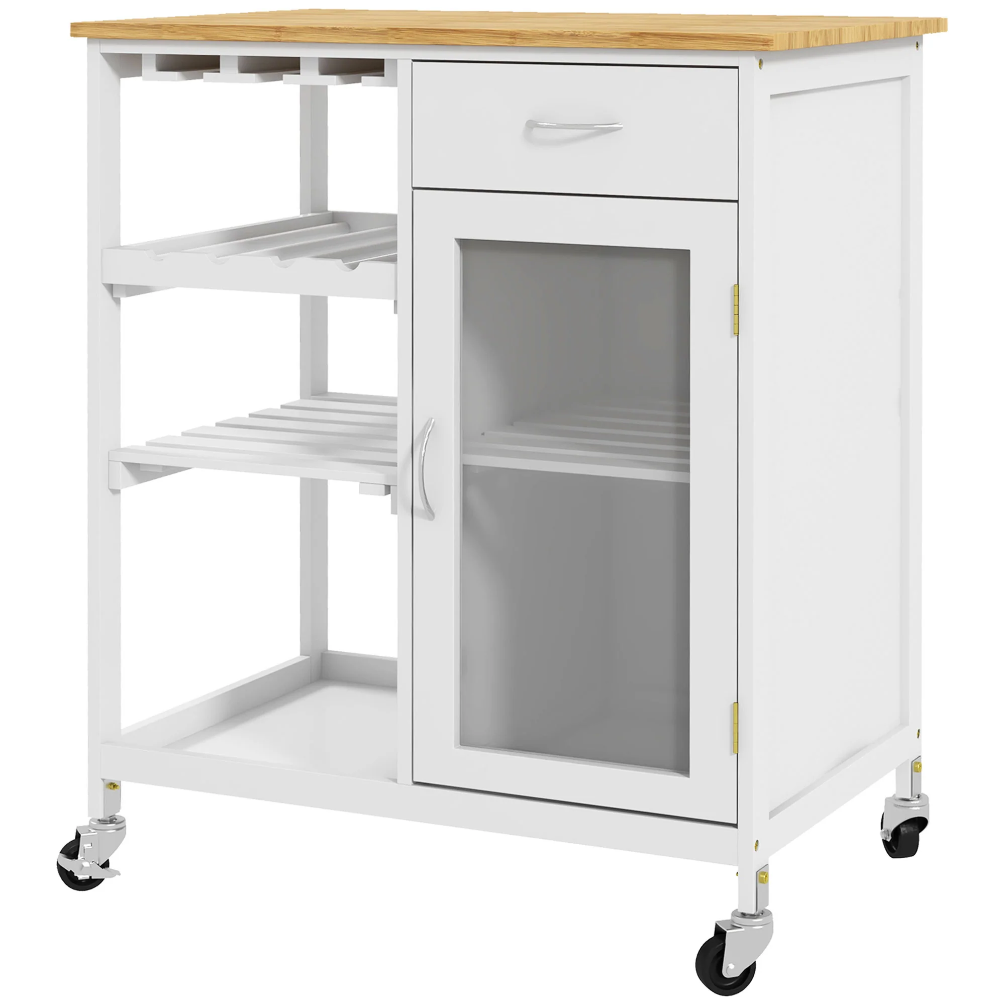 Desserte de Cuisine Chariot deservice à roulettes Multi-Rangement avec casier à vin, tiroir, Porte, étagères Blanc