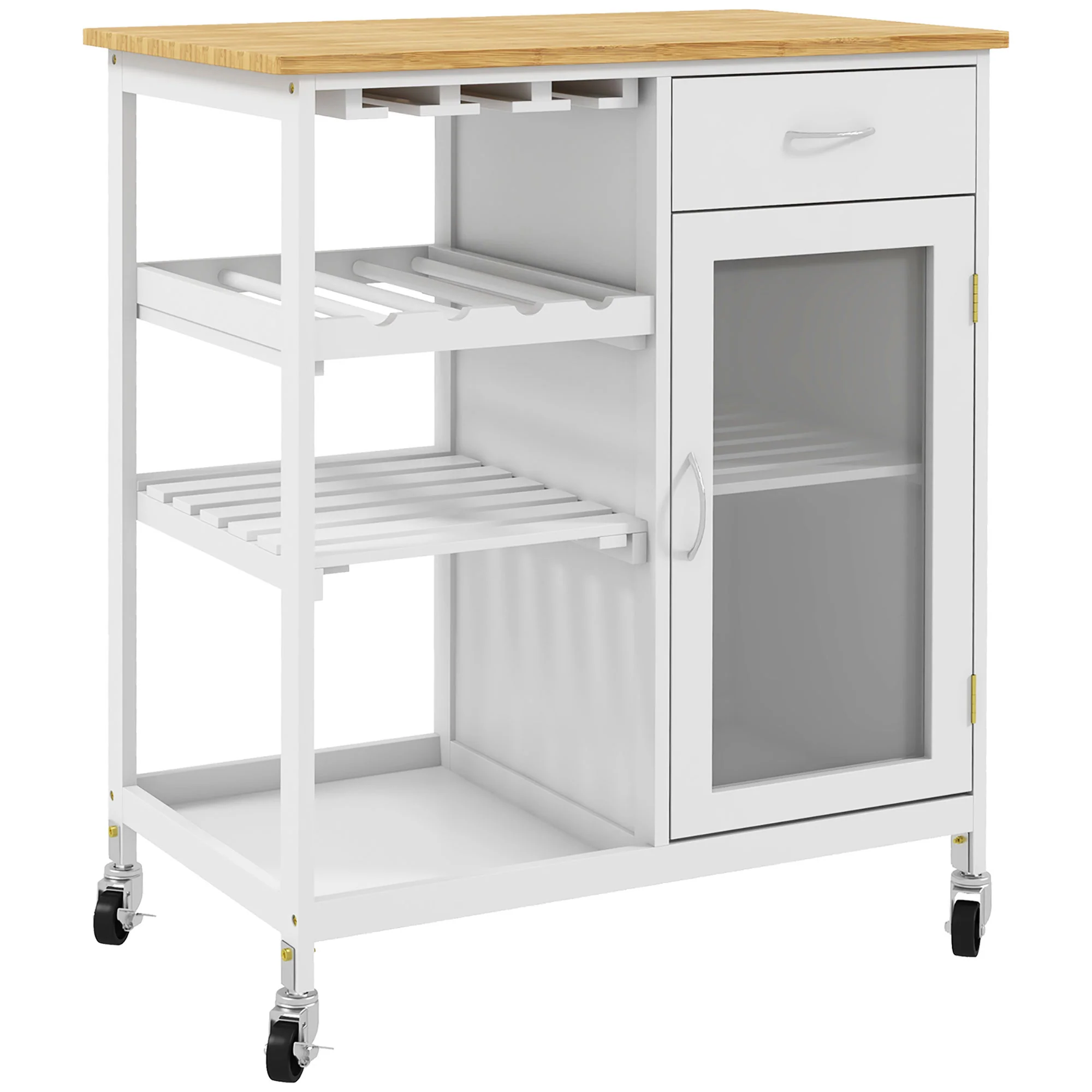 Desserte de Cuisine Chariot deservice à roulettes Multi-Rangement avec casier à vin, tiroir, Porte, étagères Blanc - Image 2
