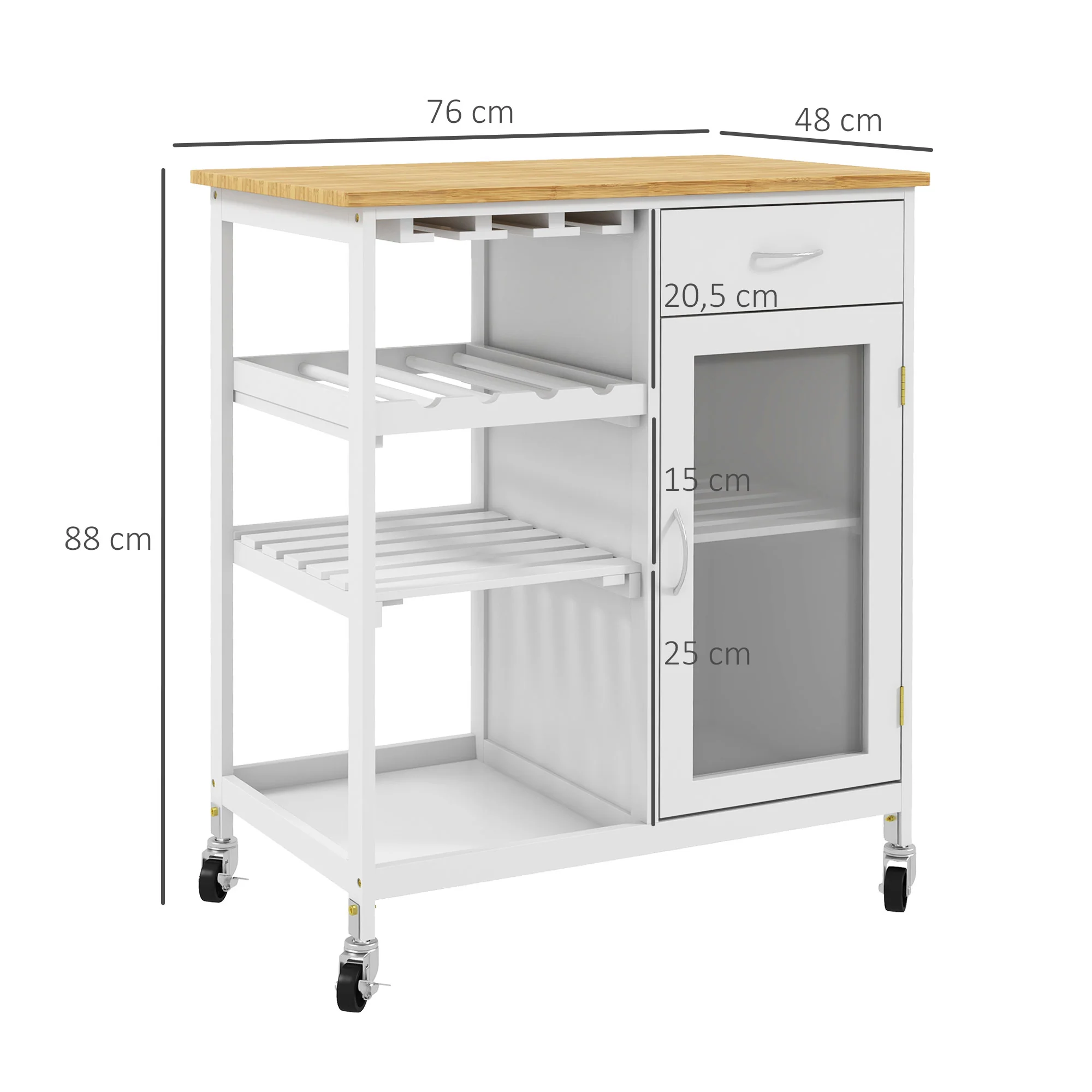 Desserte de Cuisine Chariot deservice à roulettes Multi-Rangement avec casier à vin, tiroir, Porte, étagères Blanc - Image 4