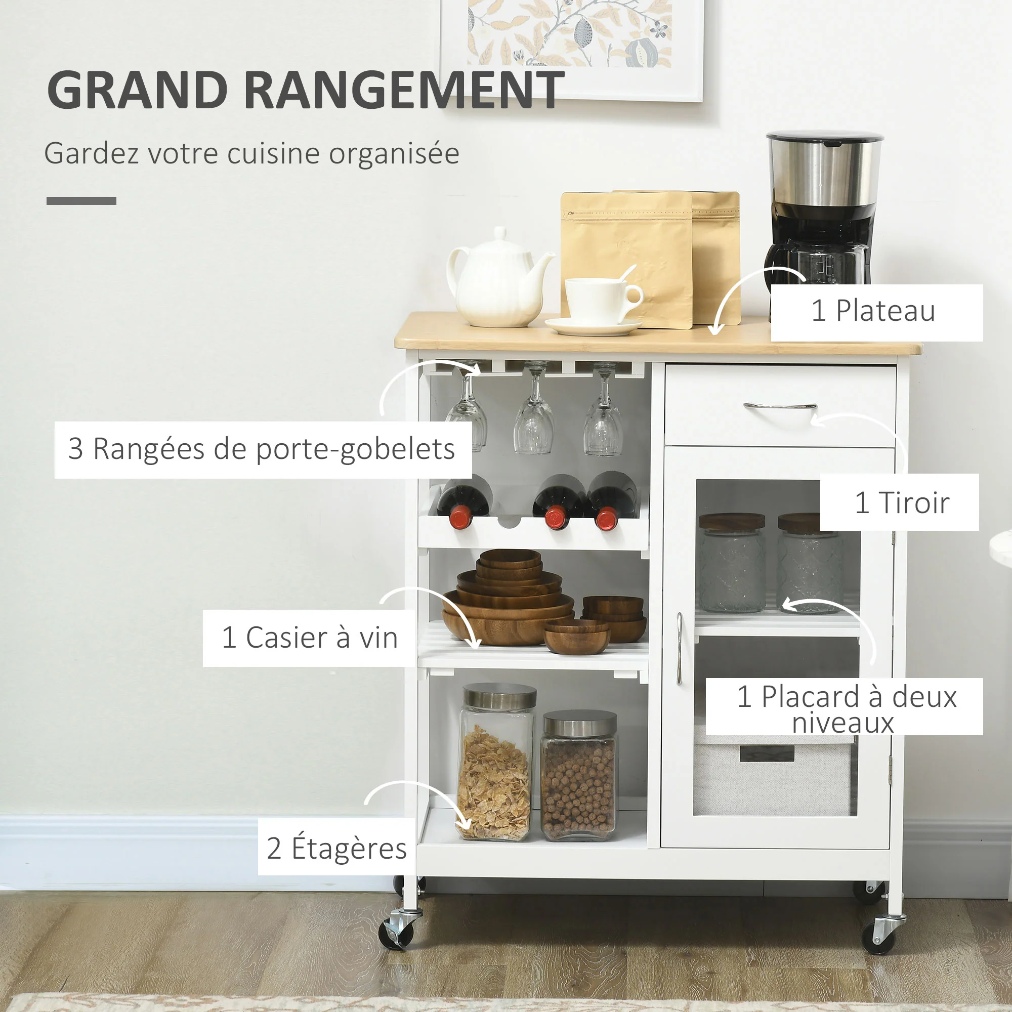 Desserte de Cuisine Chariot deservice à roulettes Multi-Rangement avec casier à vin, tiroir, Porte, étagères Blanc - Image 5