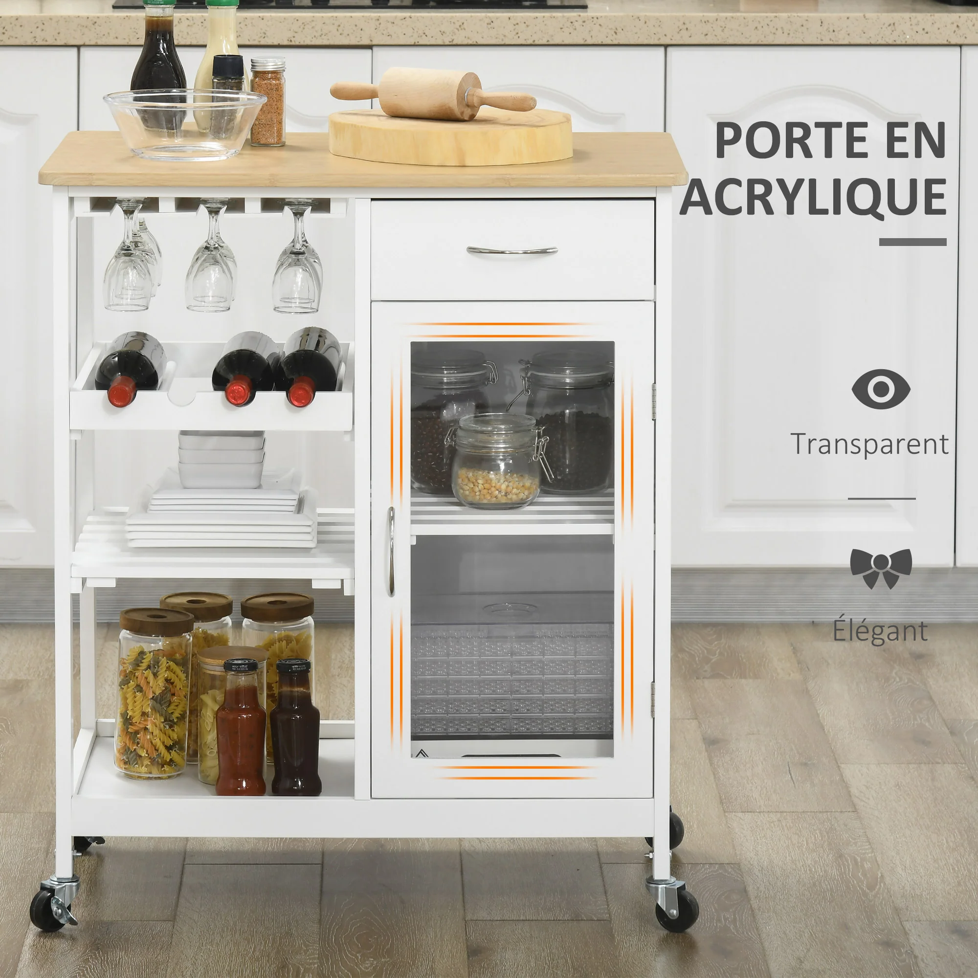 Desserte de Cuisine Chariot deservice à roulettes Multi-Rangement avec casier à vin, tiroir, Porte, étagères Blanc - Image 7