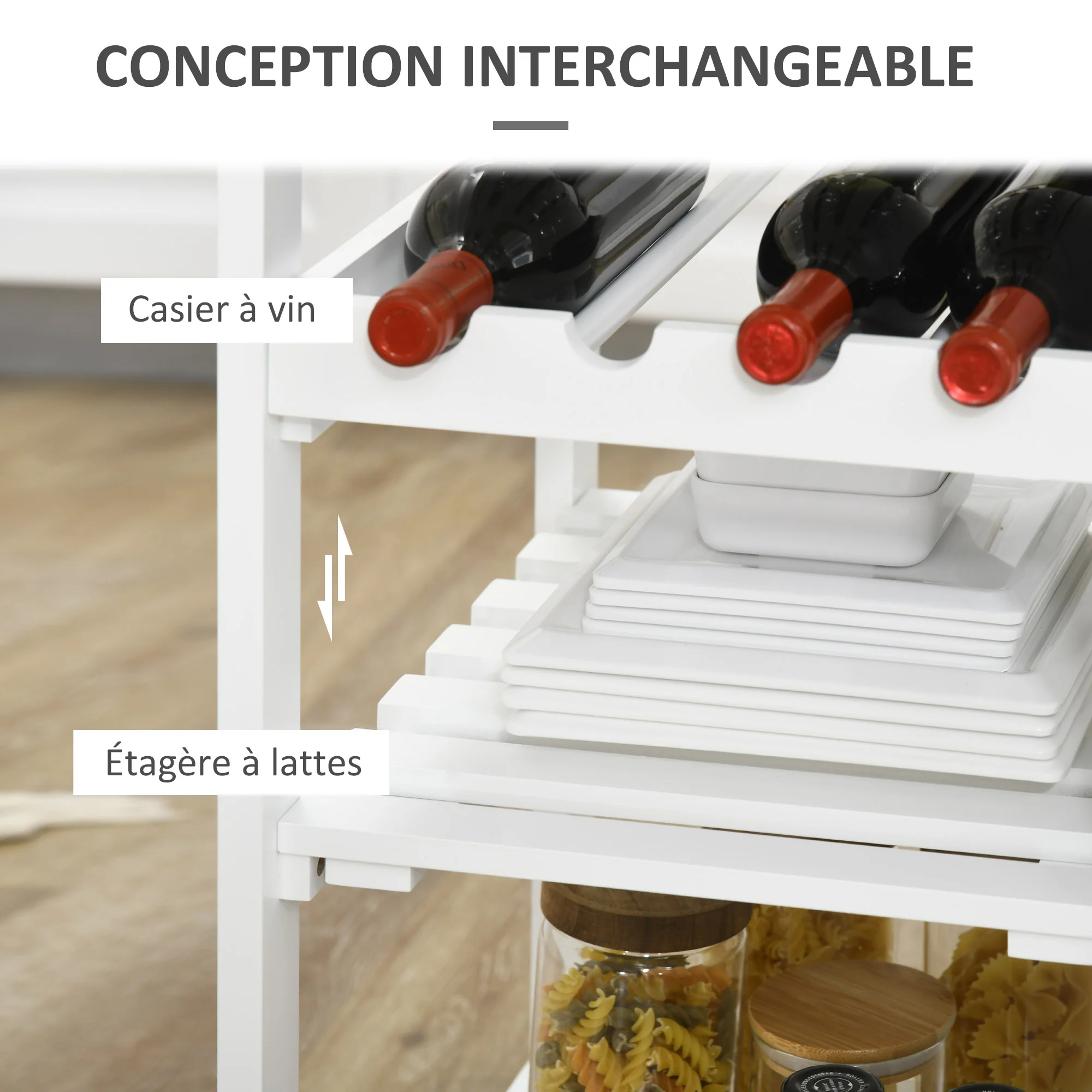 Desserte de Cuisine Chariot deservice à roulettes Multi-Rangement avec casier à vin, tiroir, Porte, étagères Blanc - Image 8