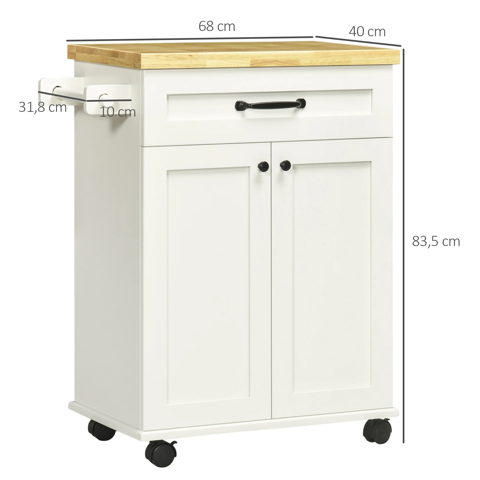 Desserte de cuisine desserte à roulettes chariot de cuisine multi-rangements 1 tiroir 1 placard 1 portes-torchons - blanc et plateau en bois - Image 4