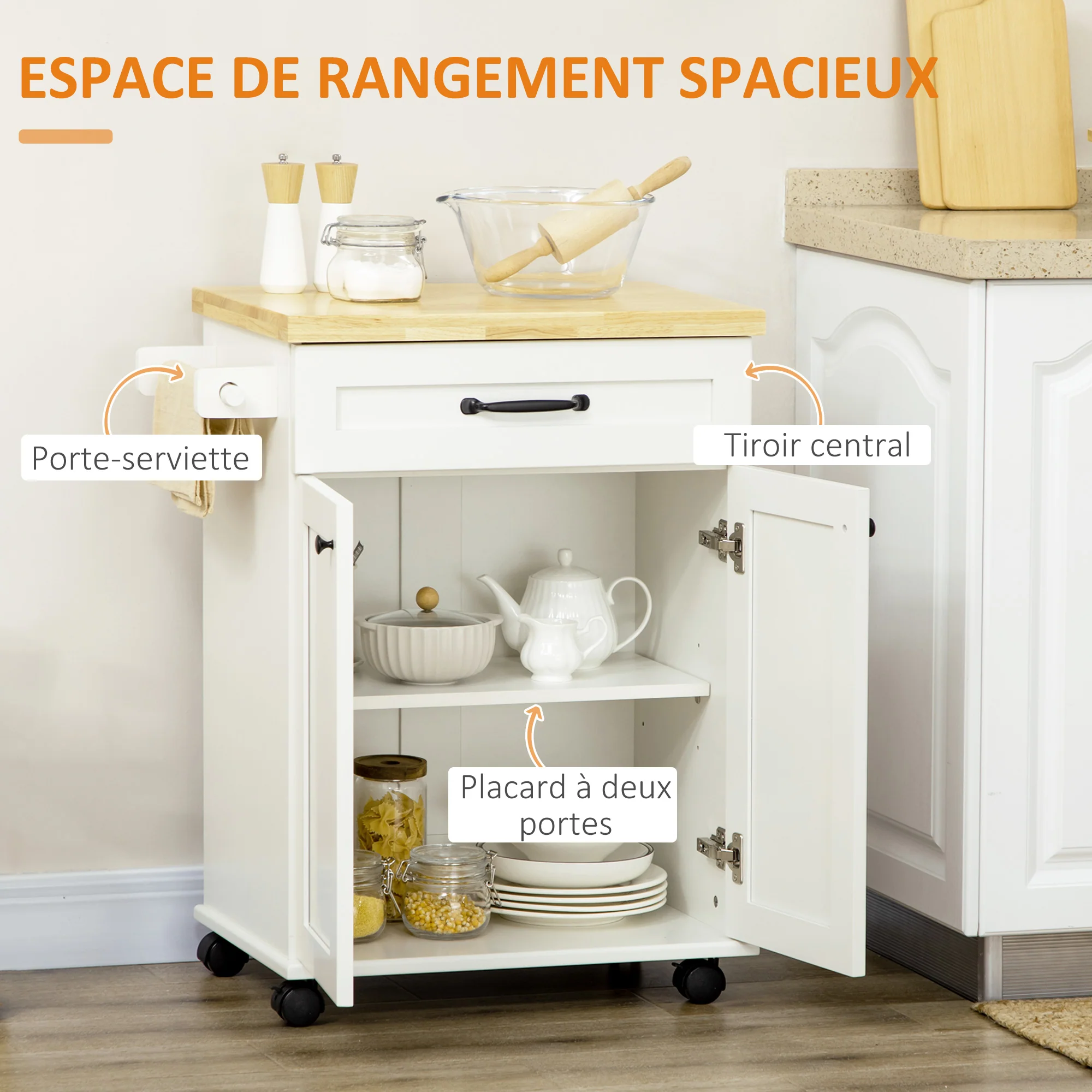 Desserte de cuisine desserte à roulettes chariot de cuisine multi-rangements 1 tiroir 1 placard 1 portes-torchons - blanc et plateau en bois - Image 5
