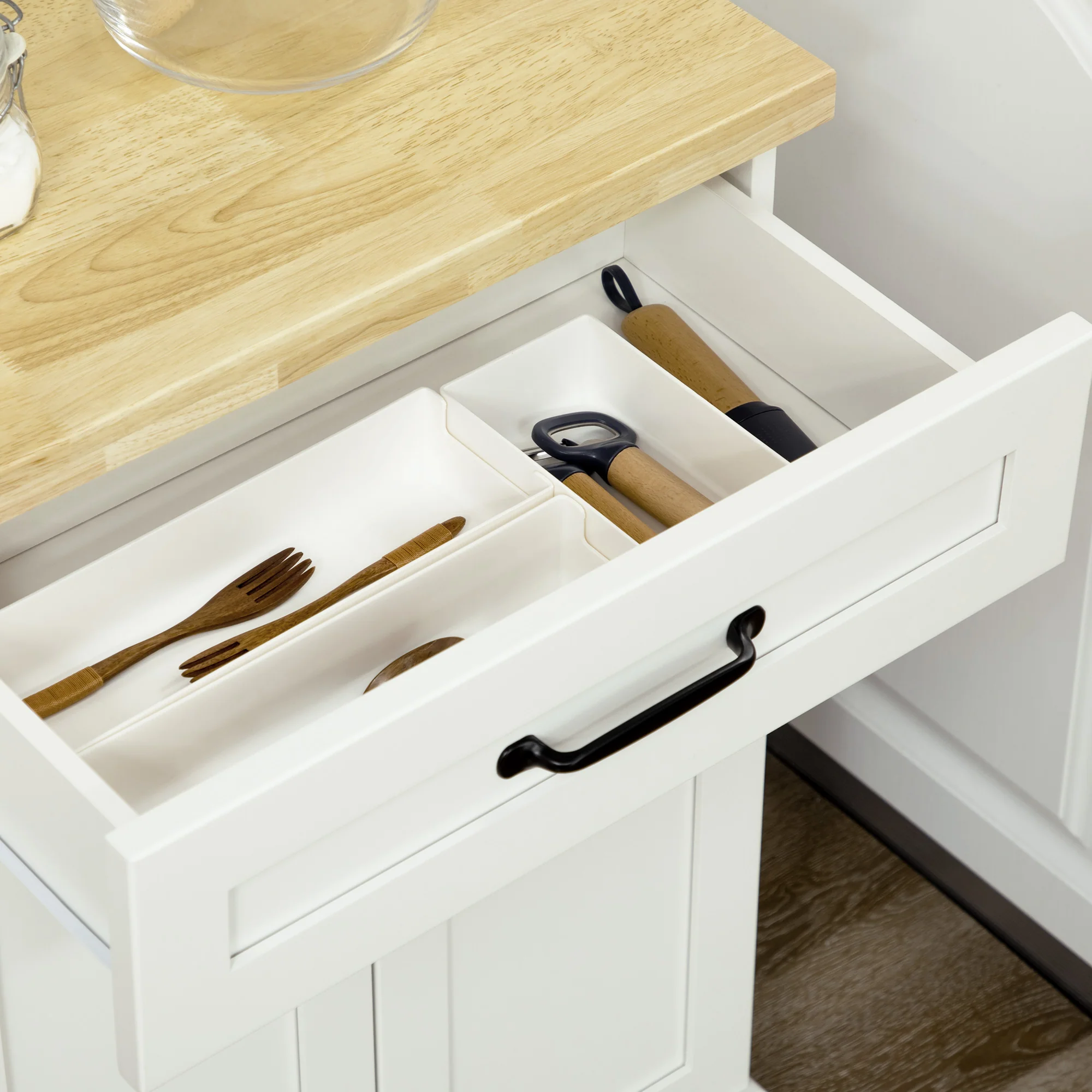 Desserte de cuisine desserte à roulettes chariot de cuisine multi-rangements 1 tiroir 1 placard 1 portes-torchons - blanc et plateau en bois - Image 9