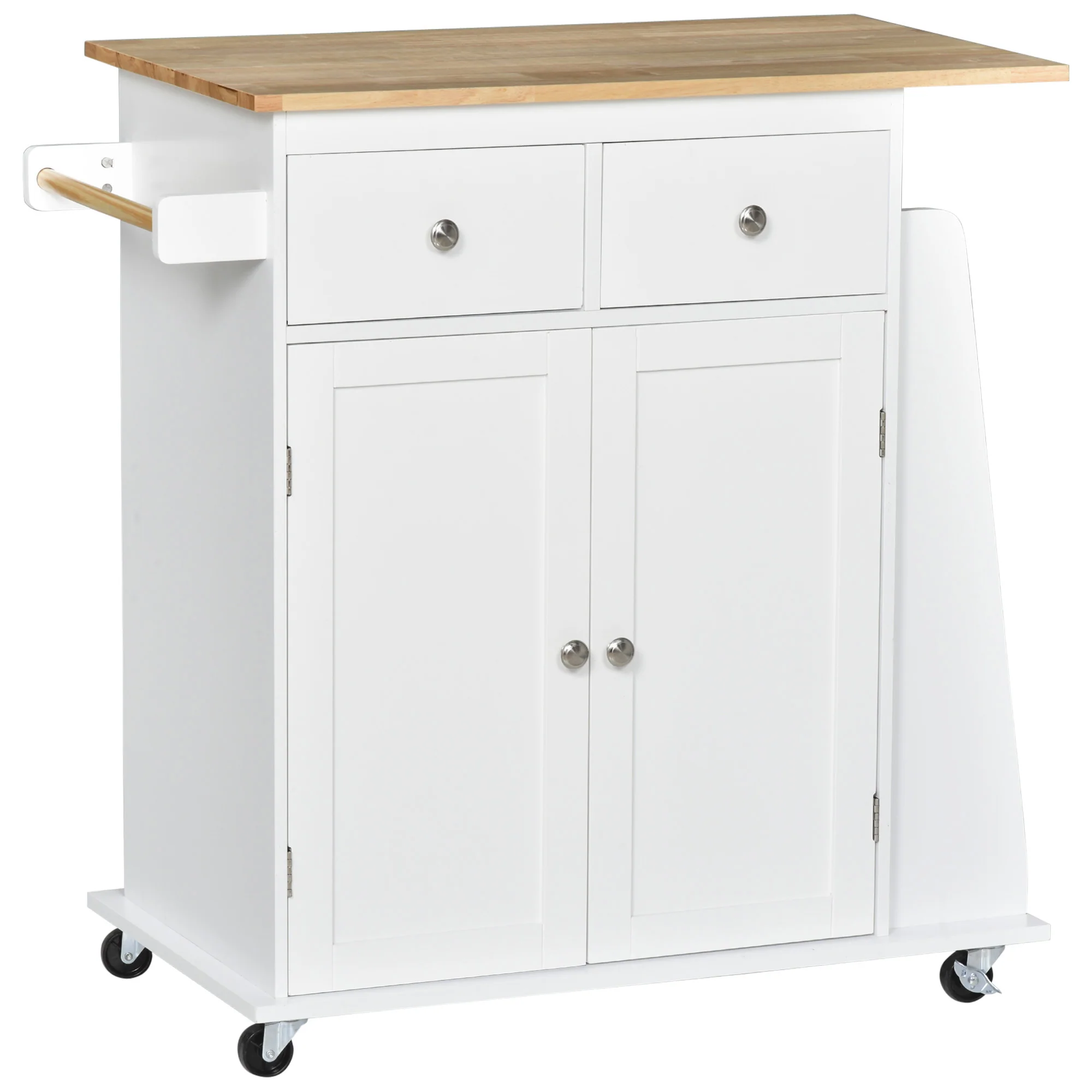 Desserte de cuisine ilôt cuisine avec plan de travail étagère range-bouteilles porte-torchons 2 tiroirs placard 2 portes MDF blanc hévéa