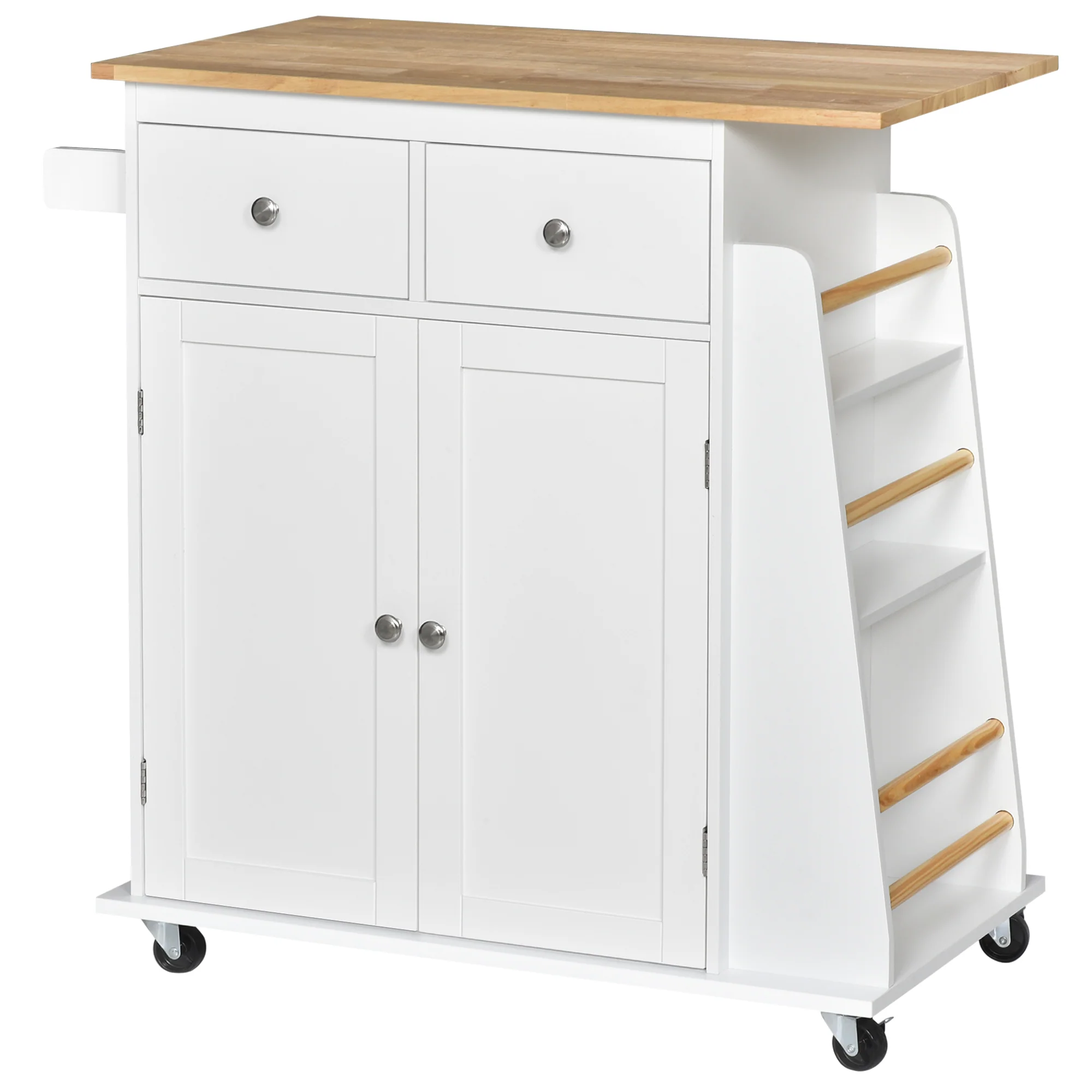 Desserte de cuisine ilôt cuisine avec plan de travail étagère range-bouteilles porte-torchons 2 tiroirs placard 2 portes MDF blanc hévéa - Image 2