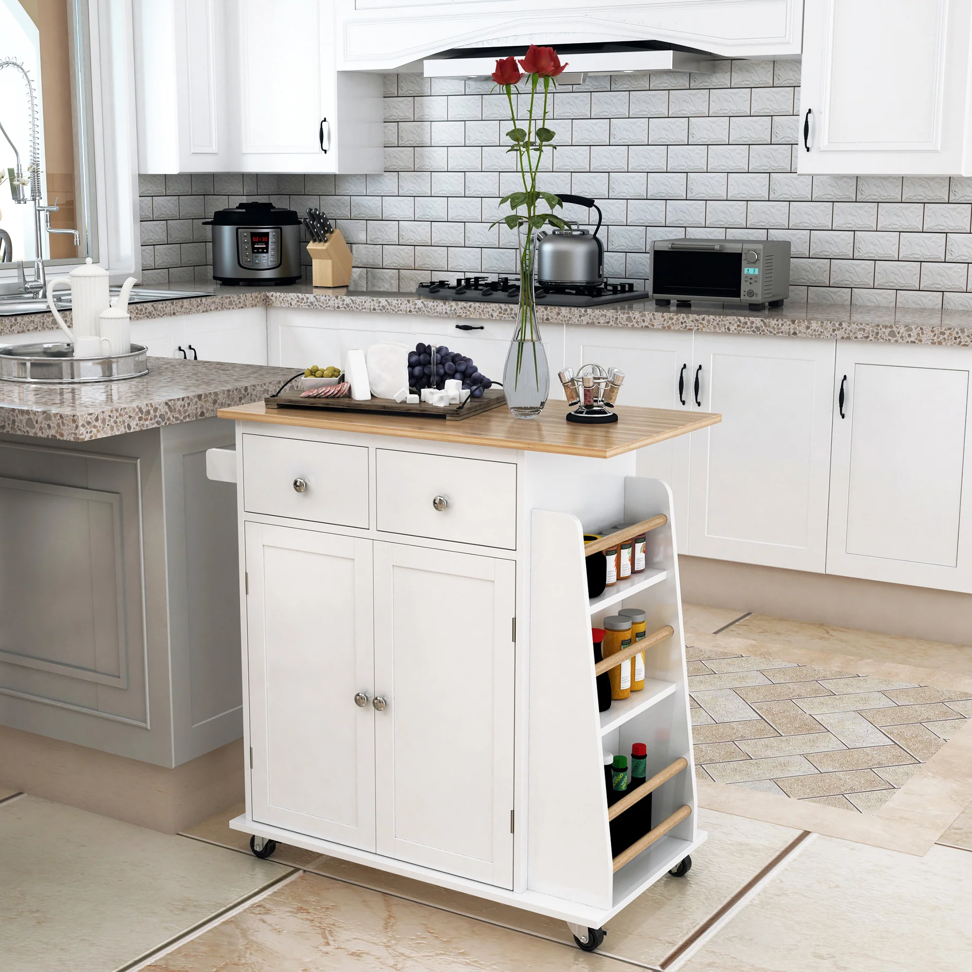Desserte de cuisine ilôt cuisine avec plan de travail étagère range-bouteilles porte-torchons 2 tiroirs placard 2 portes MDF blanc hévéa - Image 3