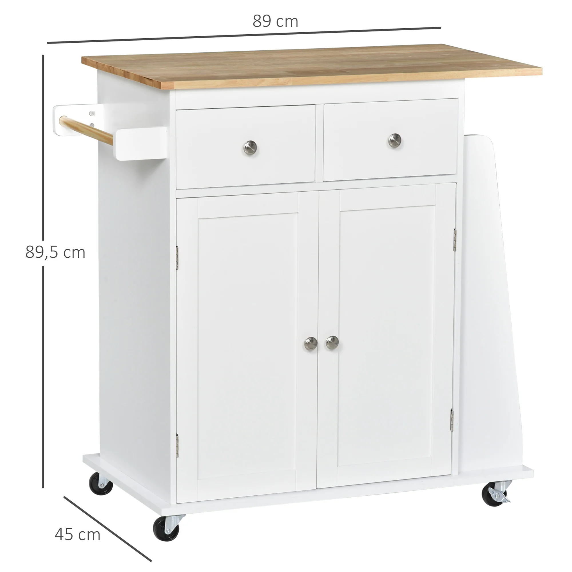 Desserte de cuisine ilôt cuisine avec plan de travail étagère range-bouteilles porte-torchons 2 tiroirs placard 2 portes MDF blanc hévéa - Image 4