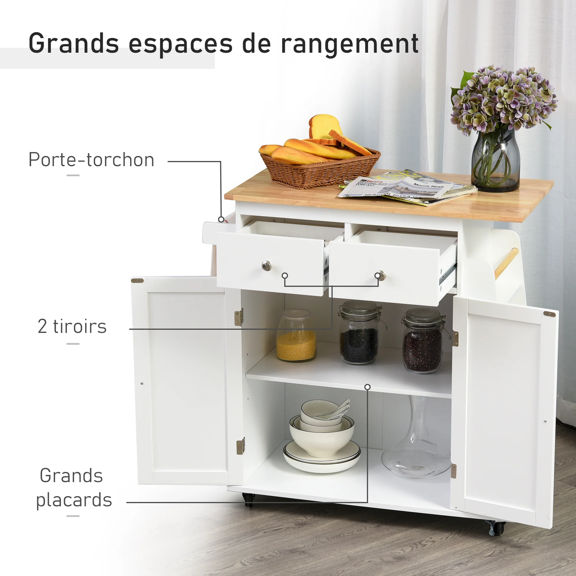 Desserte de cuisine ilôt cuisine avec plan de travail étagère range-bouteilles porte-torchons 2 tiroirs placard 2 portes MDF blanc hévéa - Image 5