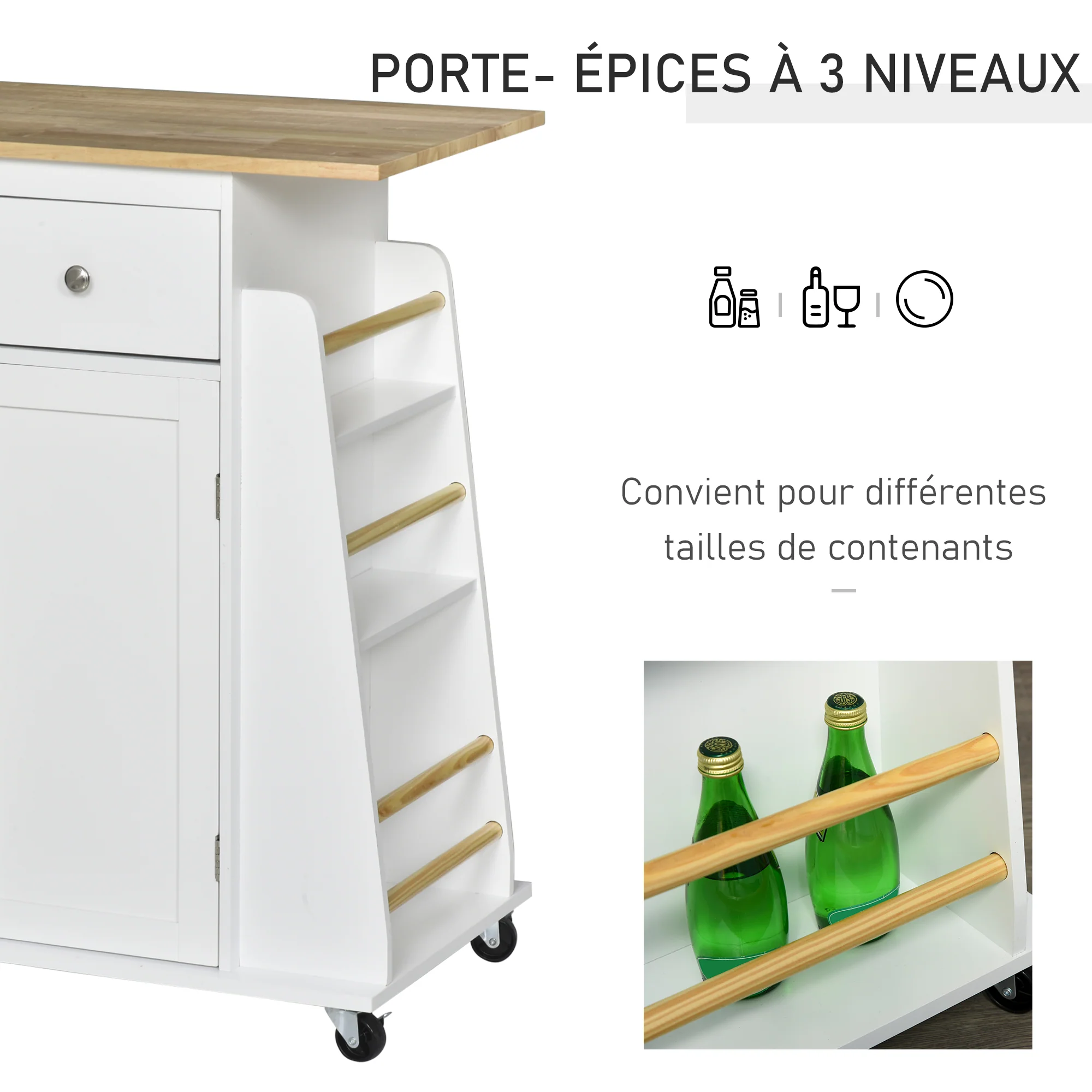 Desserte de cuisine ilôt cuisine avec plan de travail étagère range-bouteilles porte-torchons 2 tiroirs placard 2 portes MDF blanc hévéa - Image 9