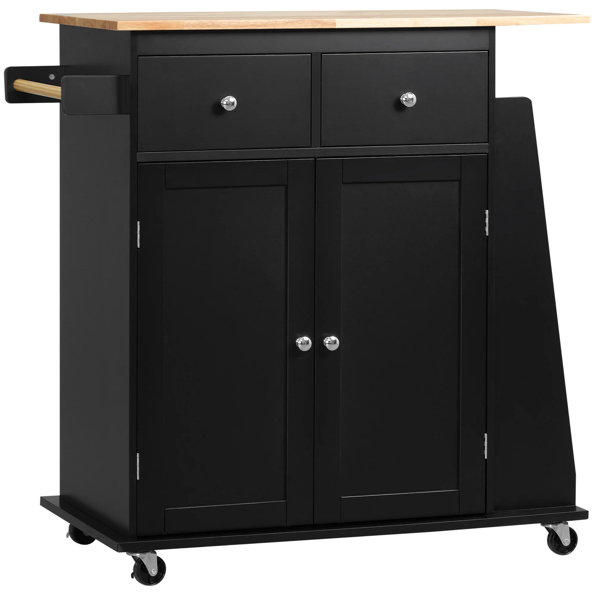 Desserte de cuisine ilôt cuisine avec plan de travail étagère range-bouteilles porte-torchons 2 tiroirs placard 2 portes MDF noir hévéa - Image 2