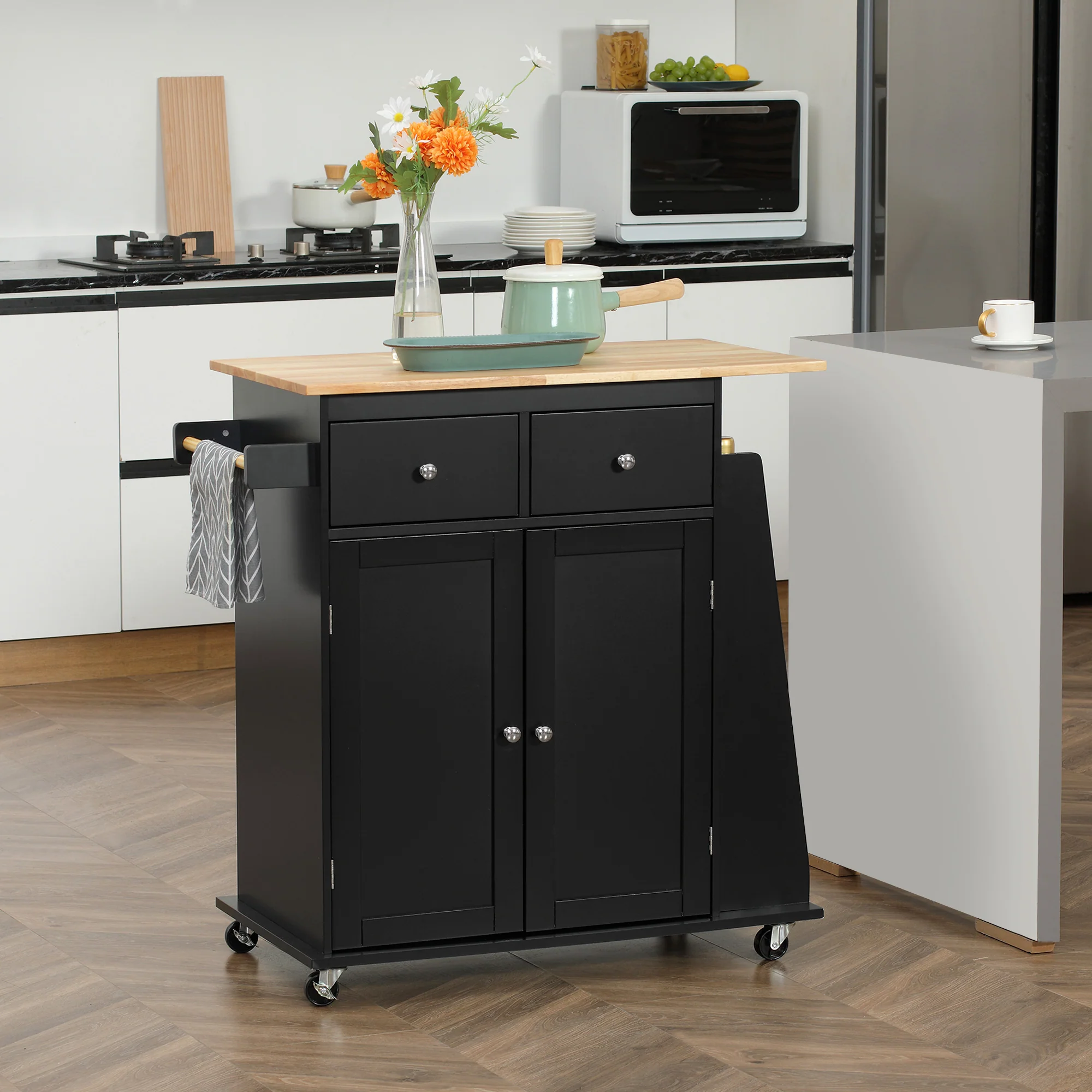 Desserte de cuisine ilôt cuisine avec plan de travail étagère range-bouteilles porte-torchons 2 tiroirs placard 2 portes MDF noir hévéa - Image 3