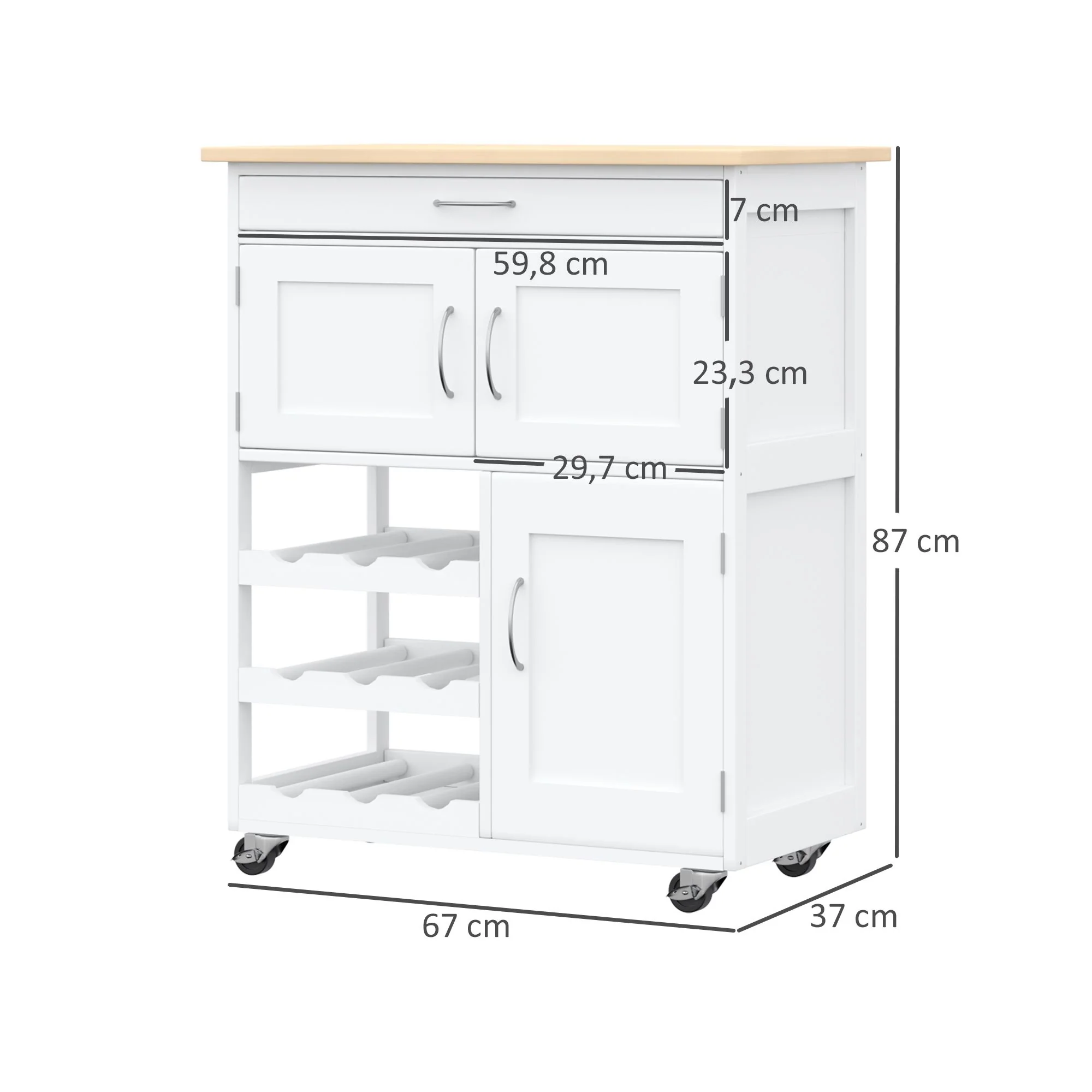 Desserte de cuisine multi rangements 2 placards tiroir casier 9 bouteilles MDF blanc plateau bois caoutchouc - Image 4