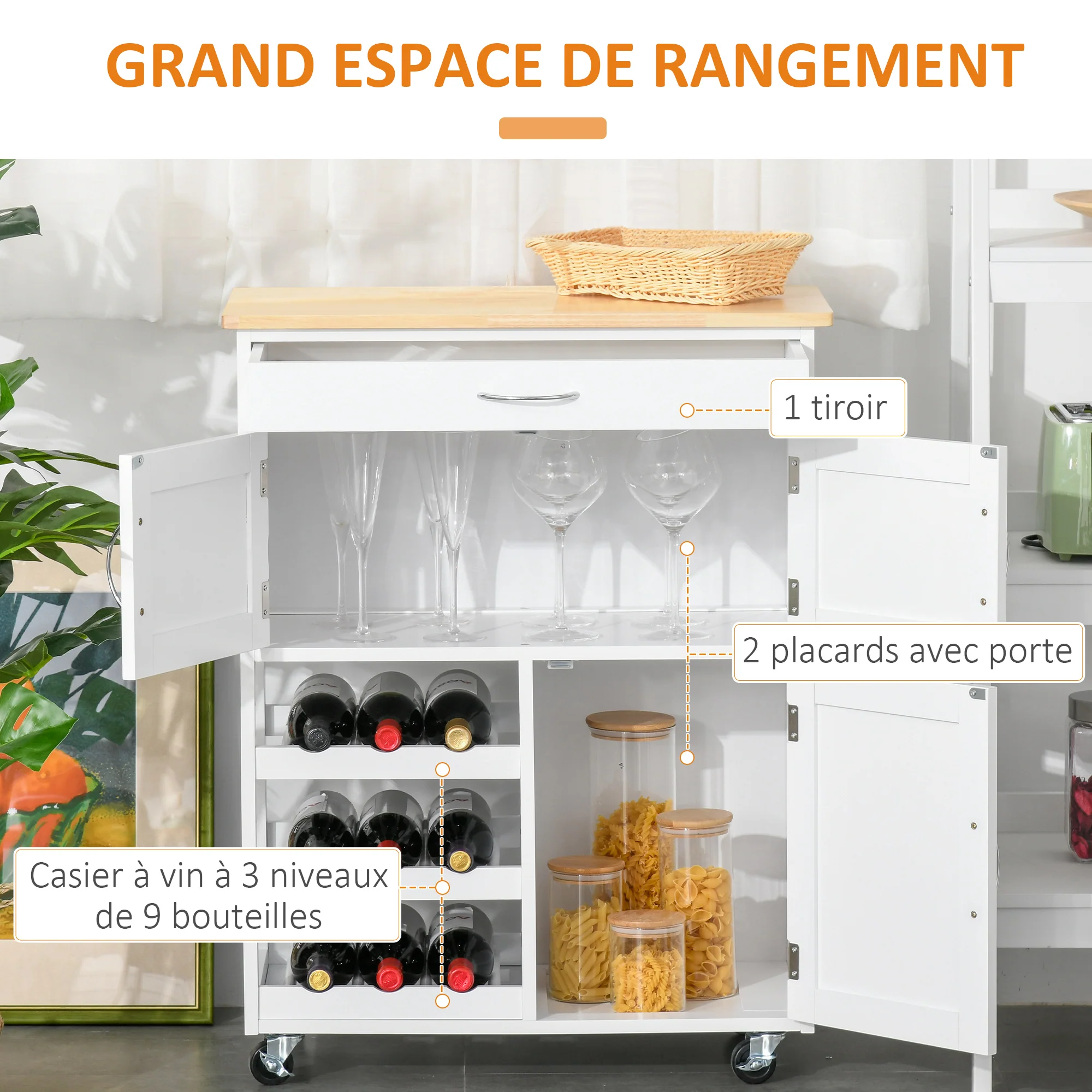 Desserte de cuisine multi rangements 2 placards tiroir casier 9 bouteilles MDF blanc plateau bois caoutchouc - Image 5