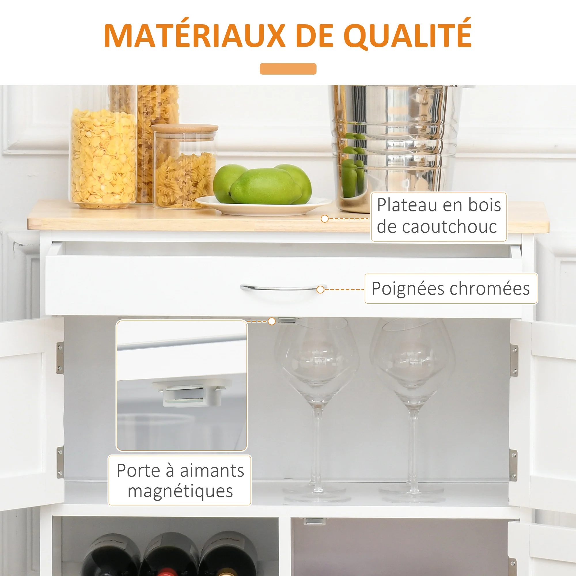Desserte de cuisine multi rangements 2 placards tiroir casier 9 bouteilles MDF blanc plateau bois caoutchouc - Image 7